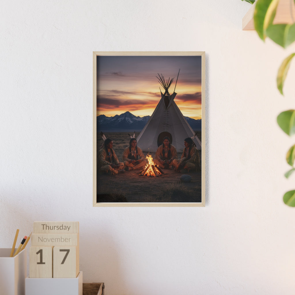 Framed Campfire Teepee Poster — Native Gathering Wall Art