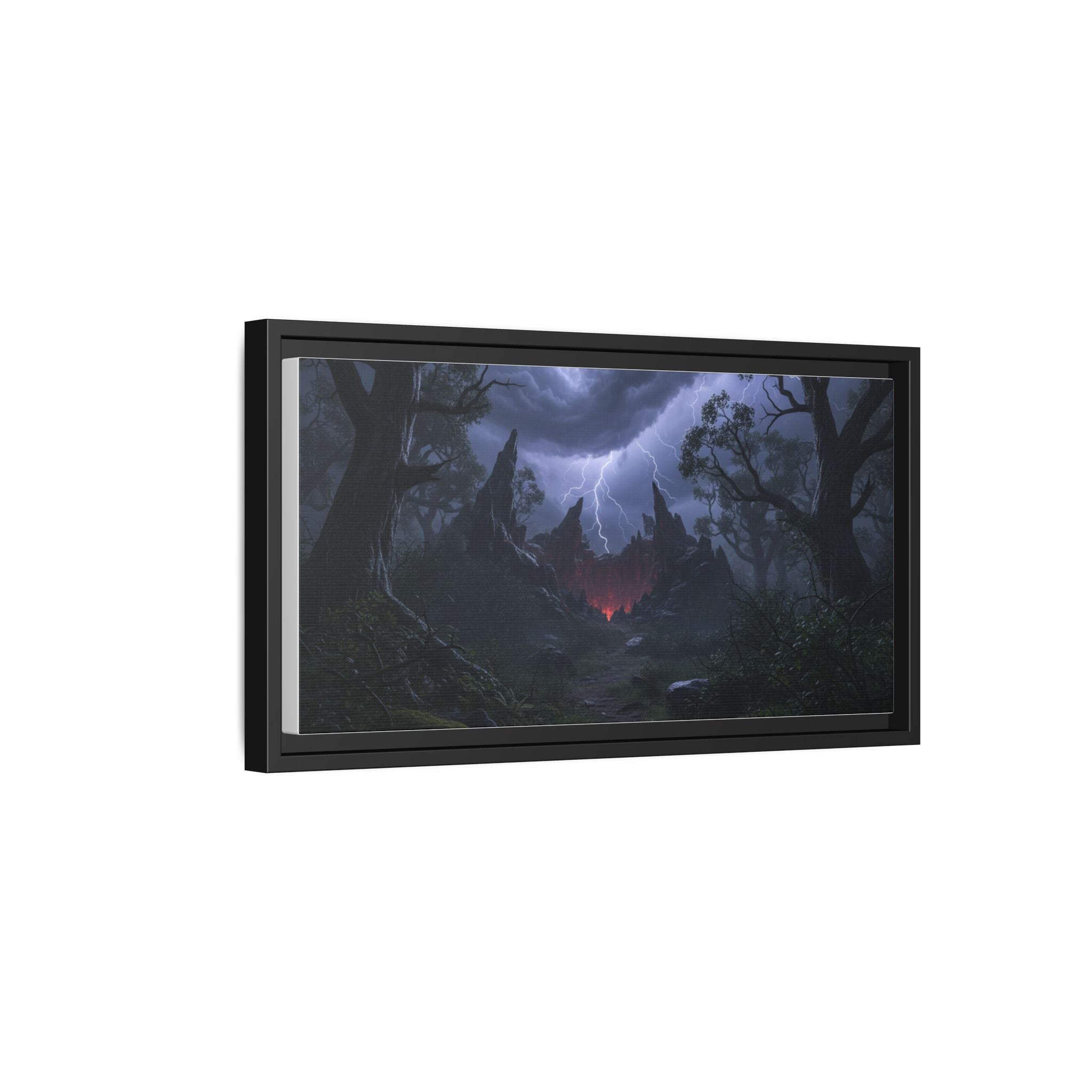 Dark Storm Forest Framed Canvas Print — Lightning, Haunted Castle Art