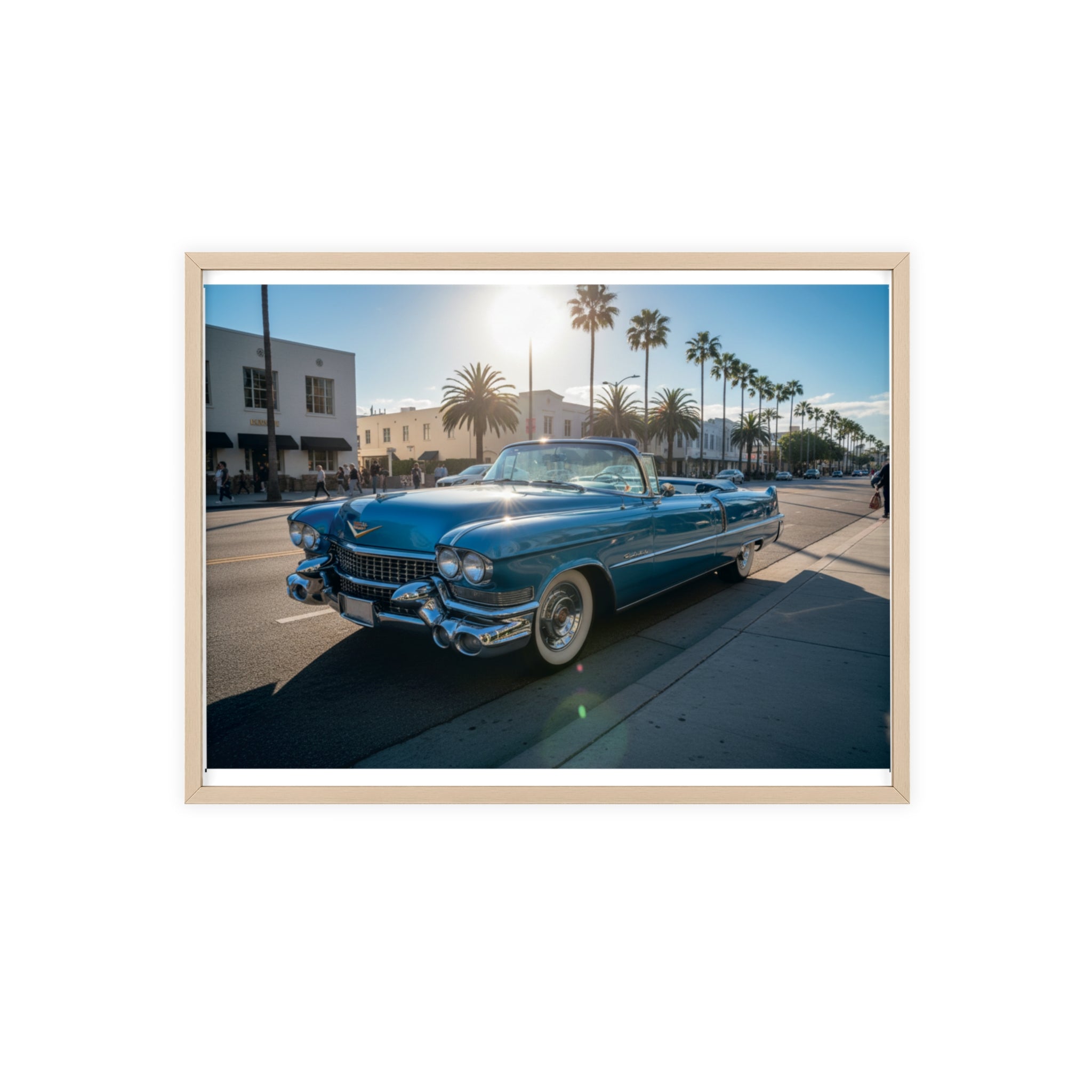 Framed Vintage Cadillac Poster – Retro Palm-Tree Coastal Car Wall Art