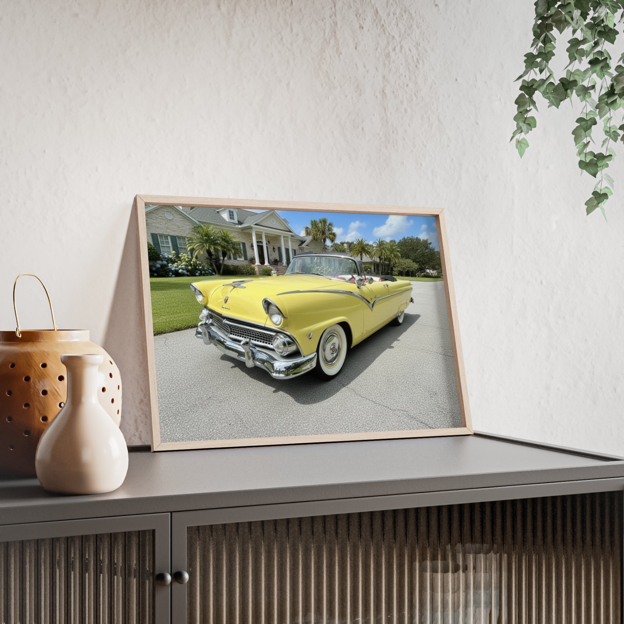 Vintage Yellow Classic Car Poster — Framed Wooden Wall Art