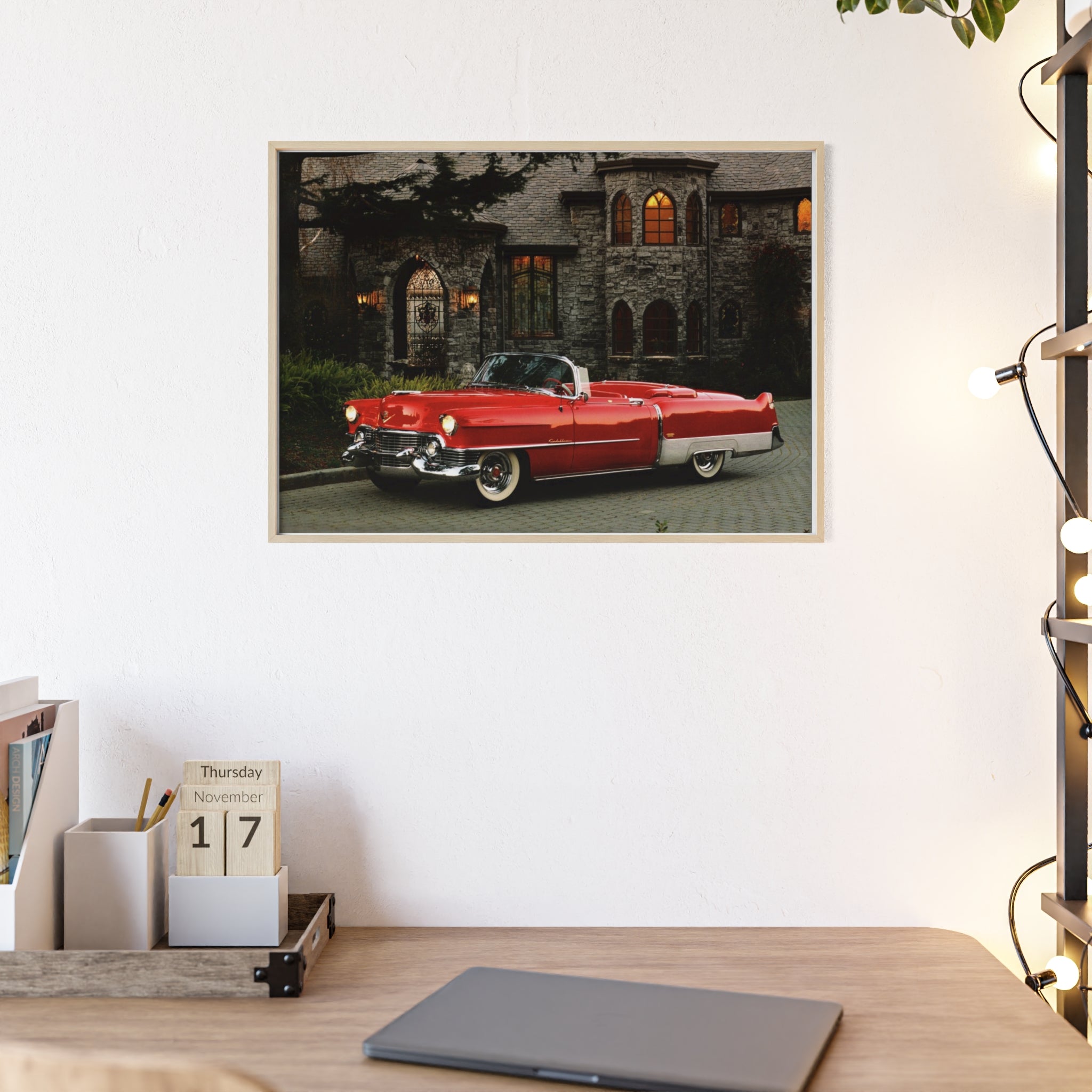 Vintage Red Convertible Poster with Wooden Frame — Classic Car Wall Art