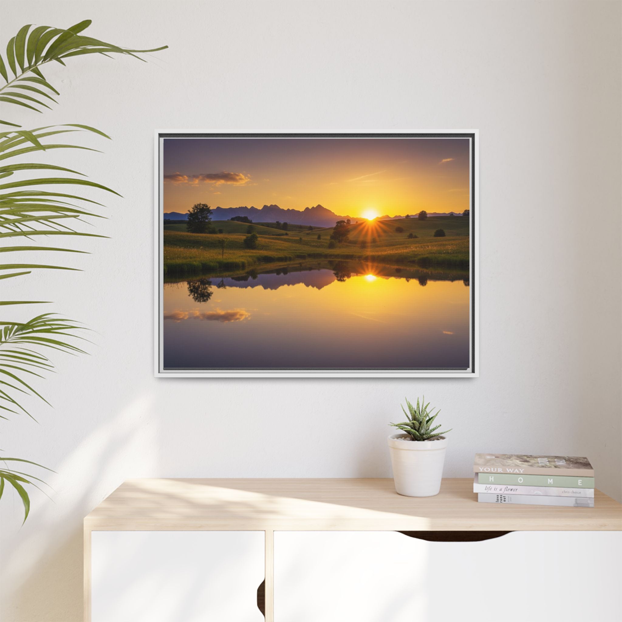 Framed Matte Canvas Sunset Landscape — Serene Lake Reflection Wall Art
