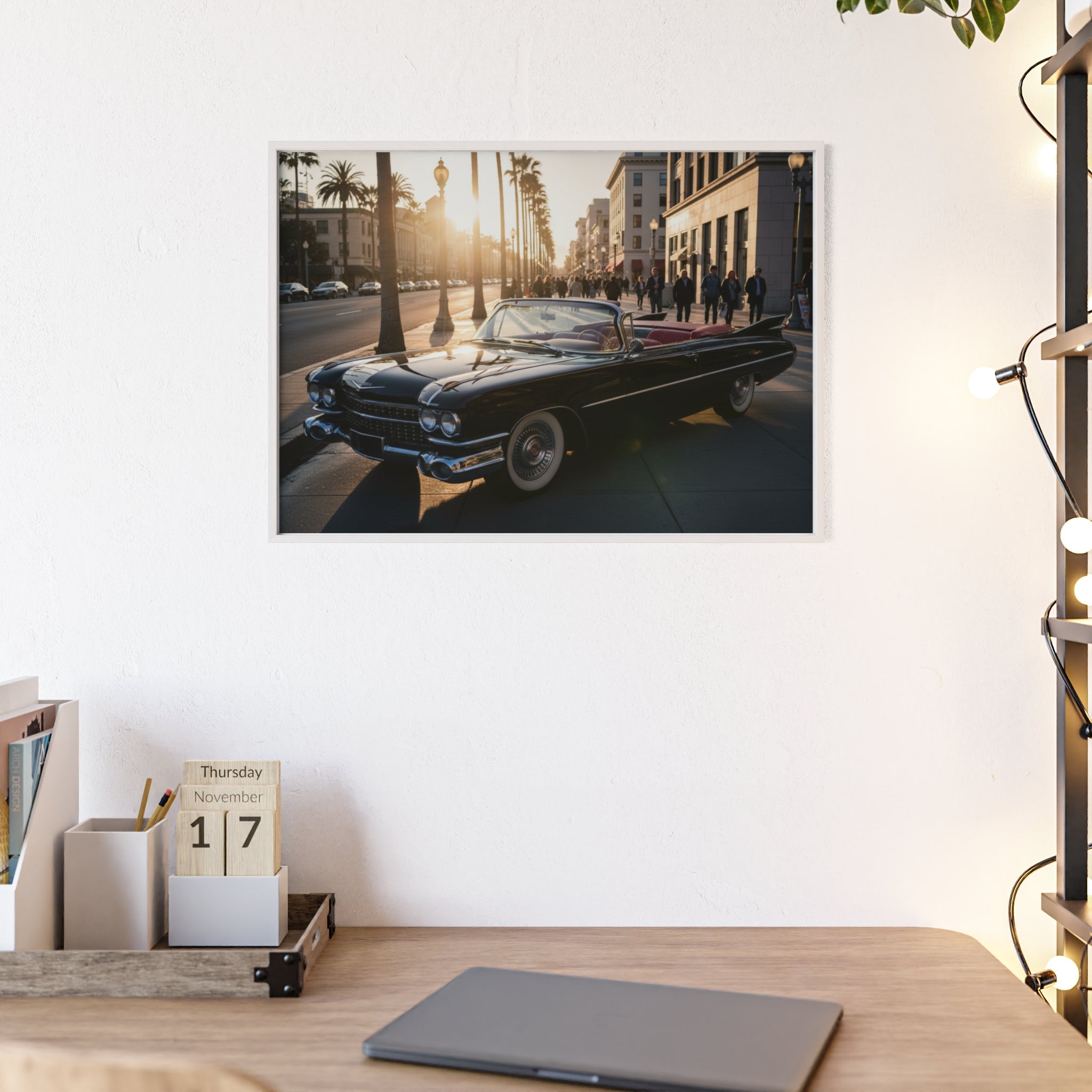 Vintage Convertible Sunset Poster with Wooden Frame