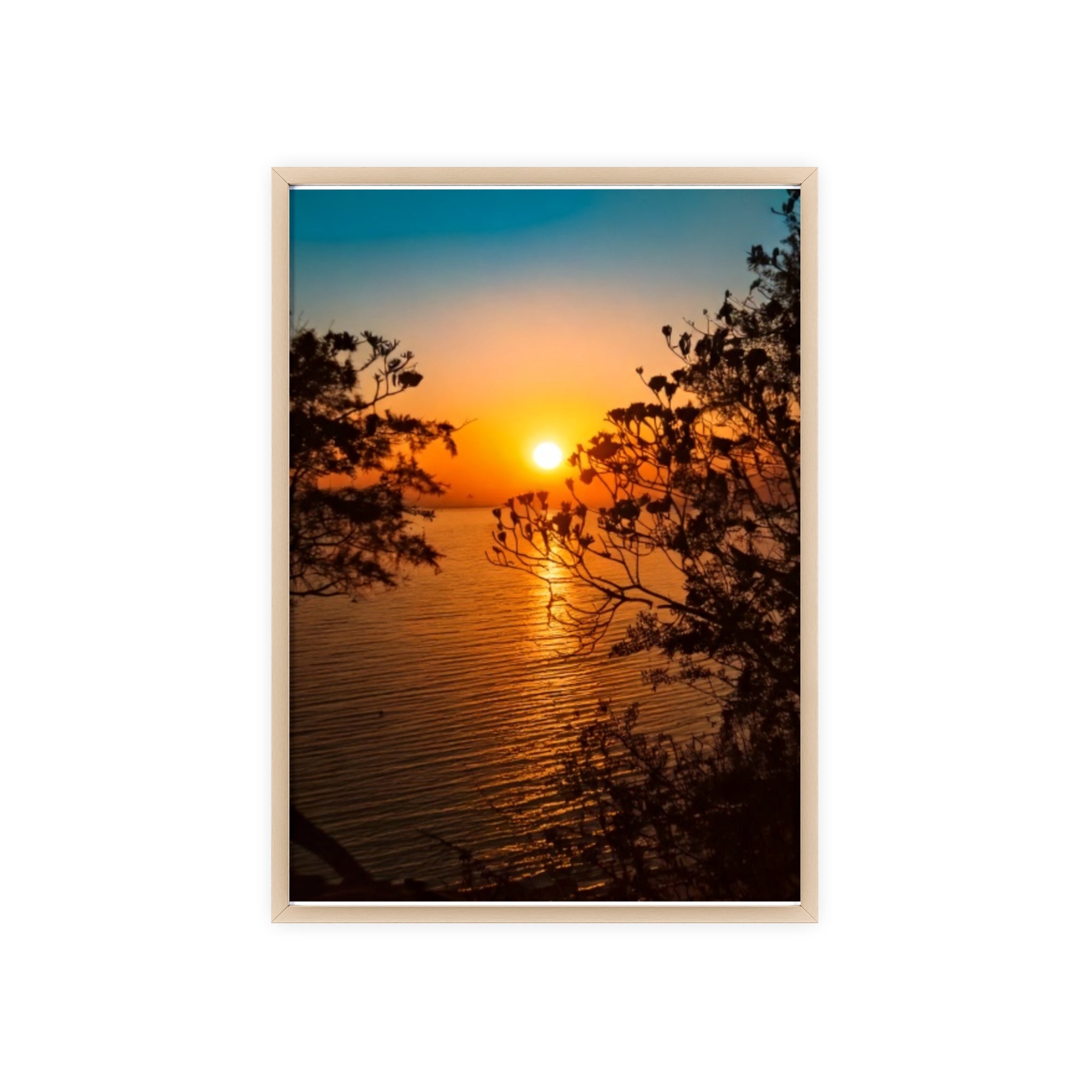 Sunset Coastal Poster with Wooden Frame — Framed Beach Wall Art