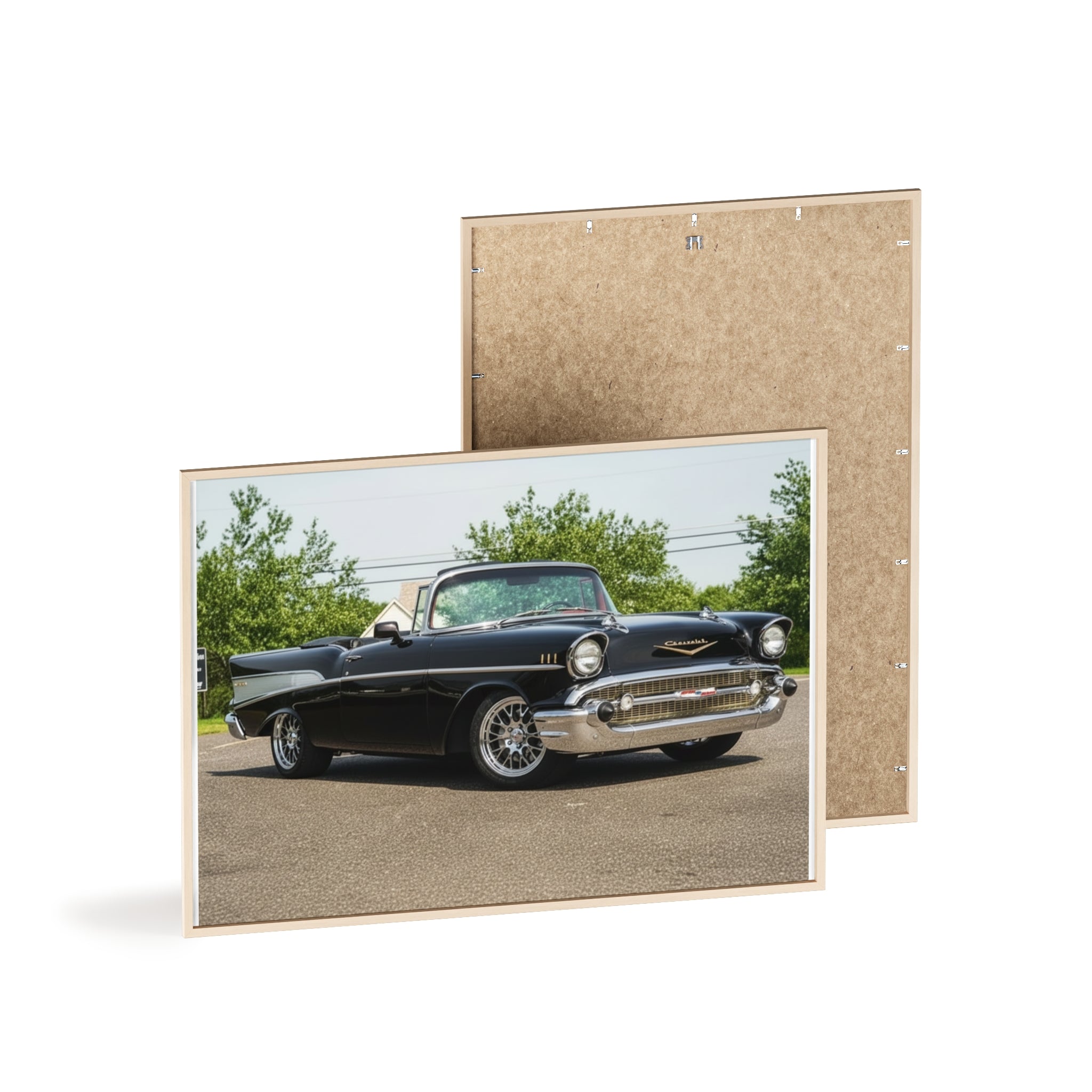 Classic Black 1957 Chevy Poster with Wooden Frame — Vintage Car Wall Art