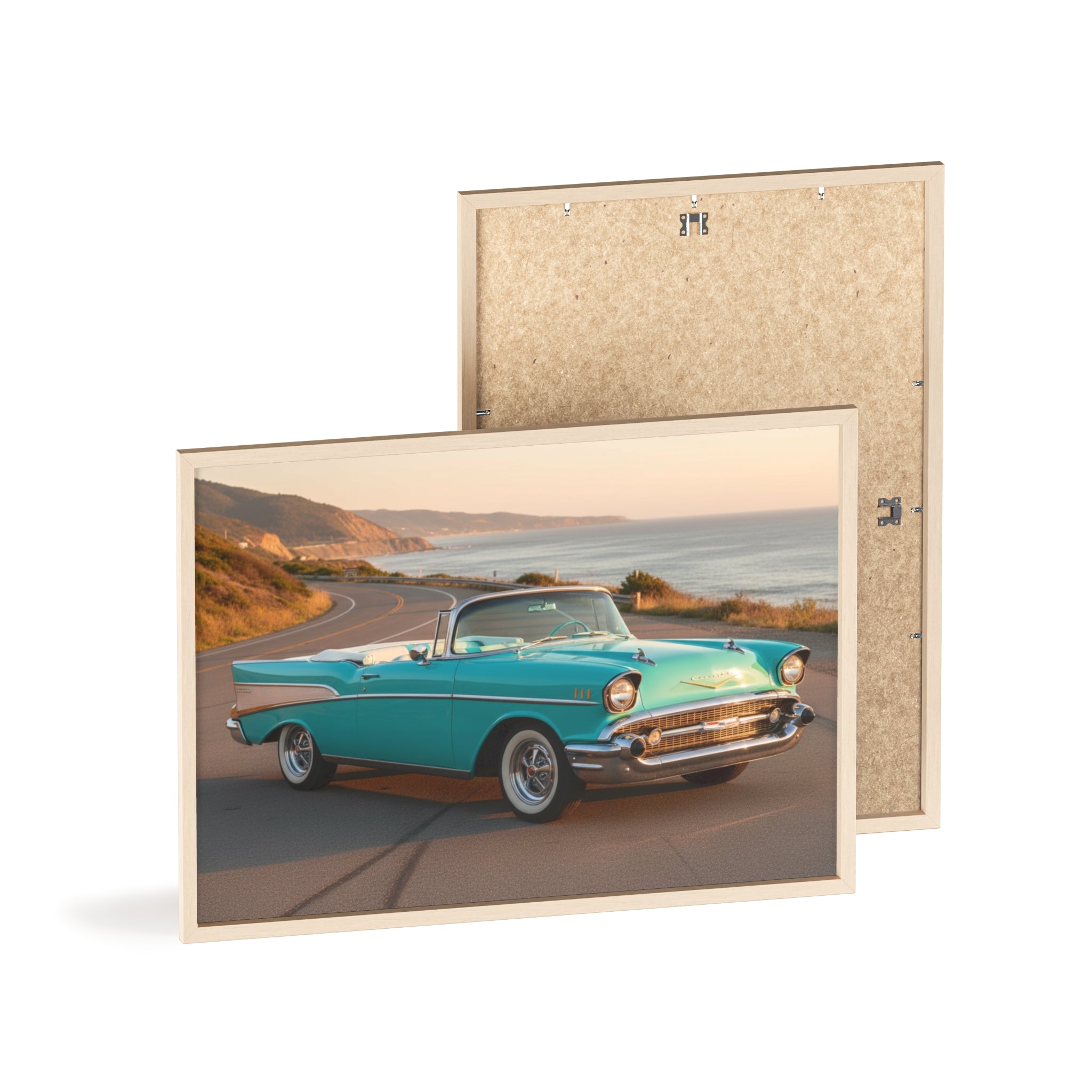 Vintage Teal Classic Car Poster with Wooden Frame — Coastal Road Print
