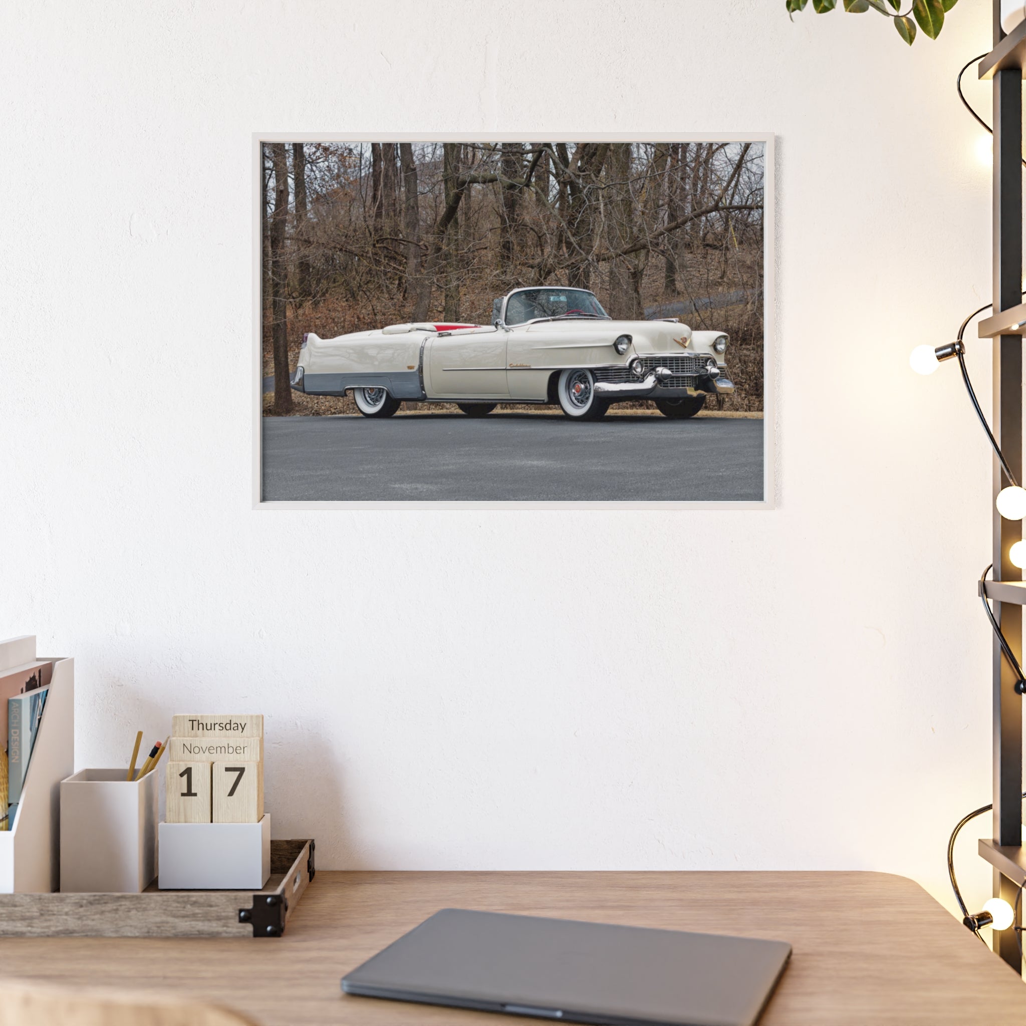 Vintage 1950s White Cadillac Poster with Wooden Frame - Classic Car Wall Art