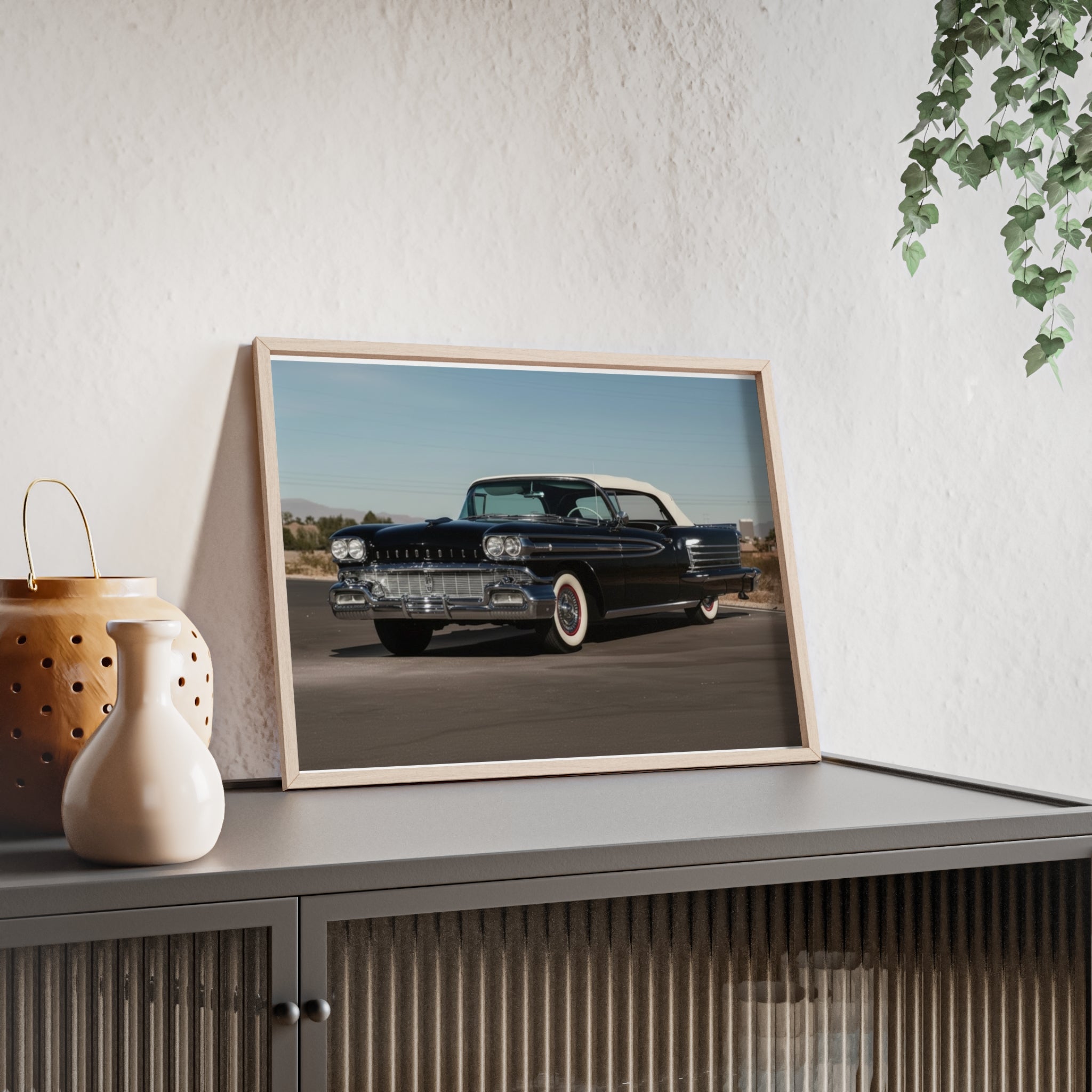 Vintage Black Classic Car Poster with Wooden Frame — Retro Automobile Wall Art