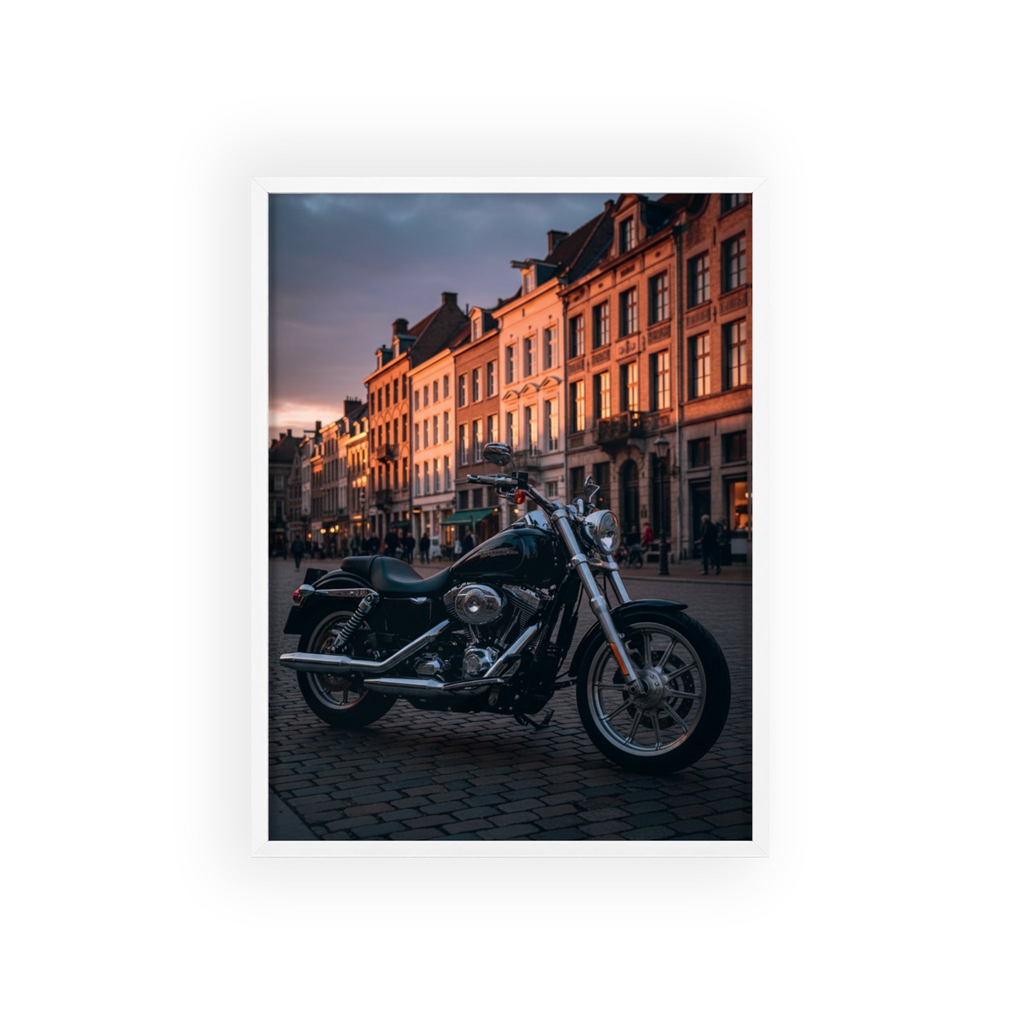 Vintage Motorcycle Poster with Wooden Frame — Urban Sunset Bike Wall Art