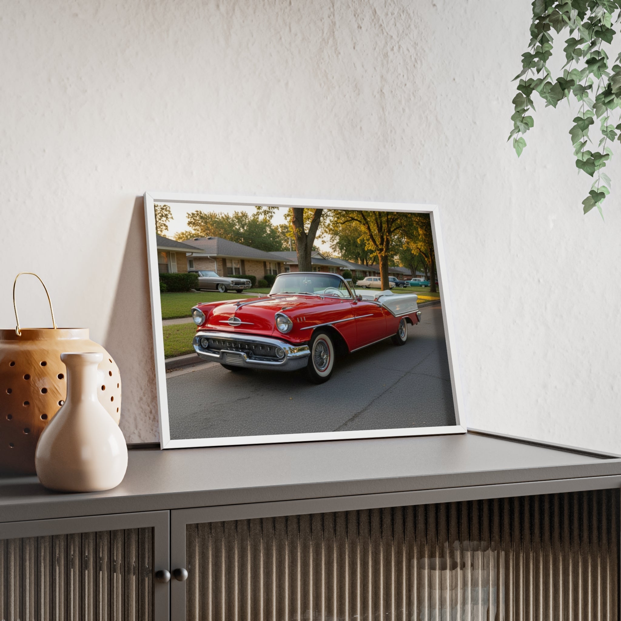 Vintage Red Convertible Poster with Wooden Frame — Classic Car Wall Art