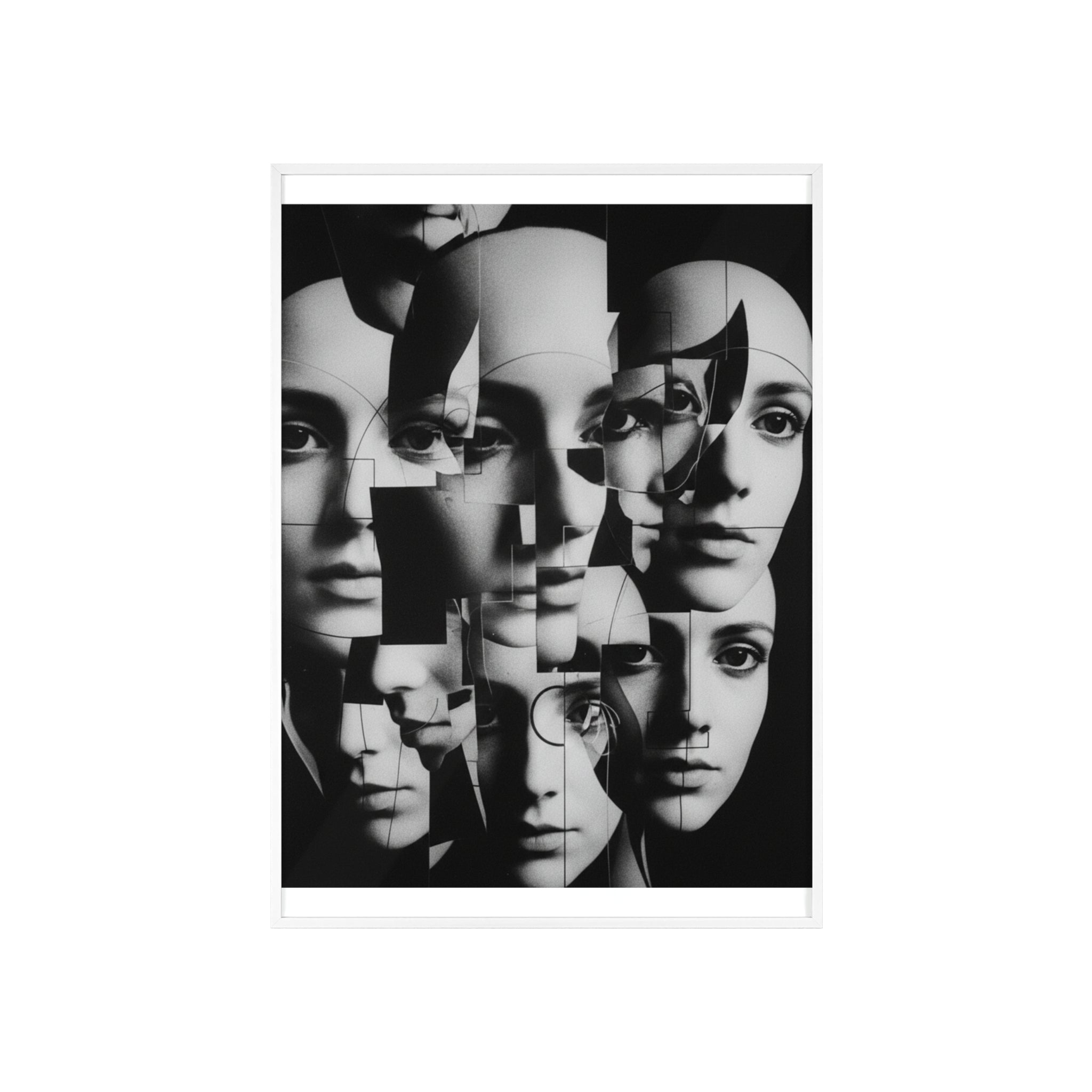 Surreal Multi-Face Black & White Poster — Framed Wooden Art Print
