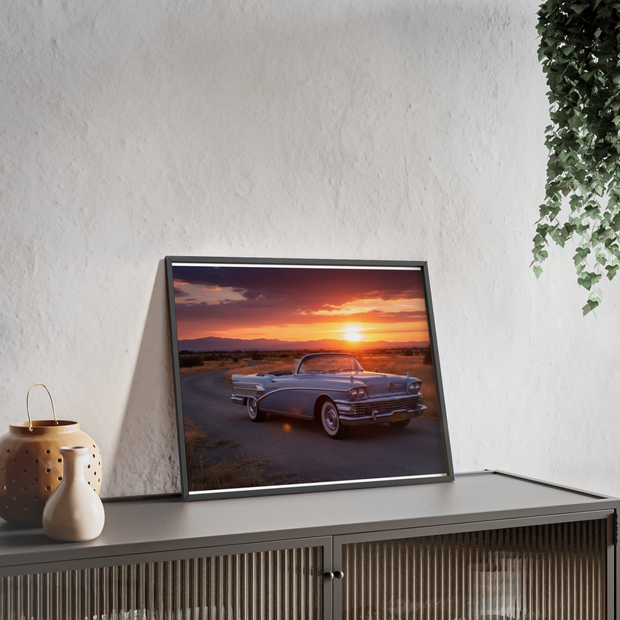 Vintage Convertible Sunset Poster with Wooden Frame