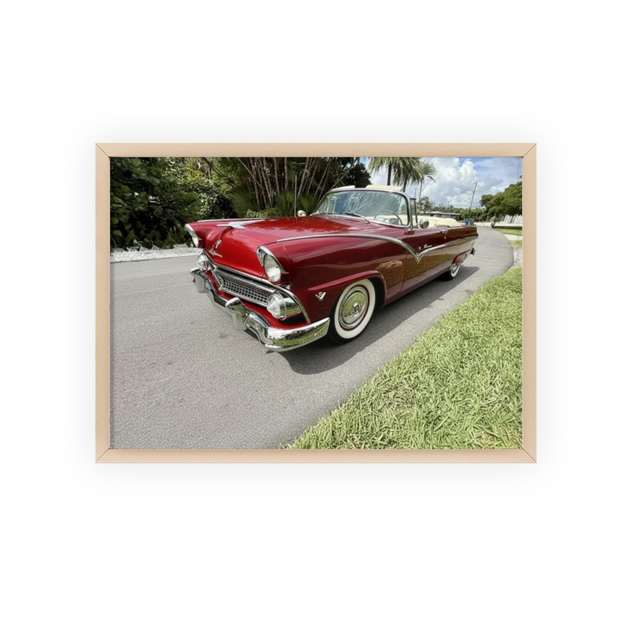 Vintage Red Convertible Poster with Wooden Frame — Classic Car Wall Art