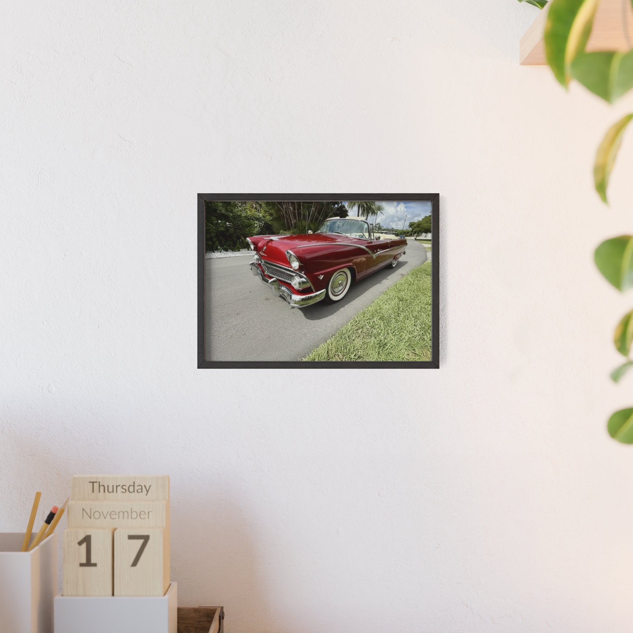 Vintage Red Convertible Poster with Wooden Frame — Classic Car Wall Art