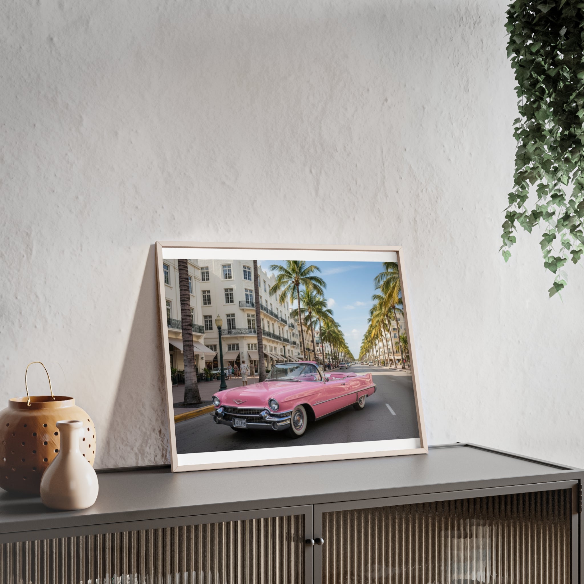 Vintage Pink Cadillac Wall Poster with Wooden Frame — Retro Miami Palm Street Photography