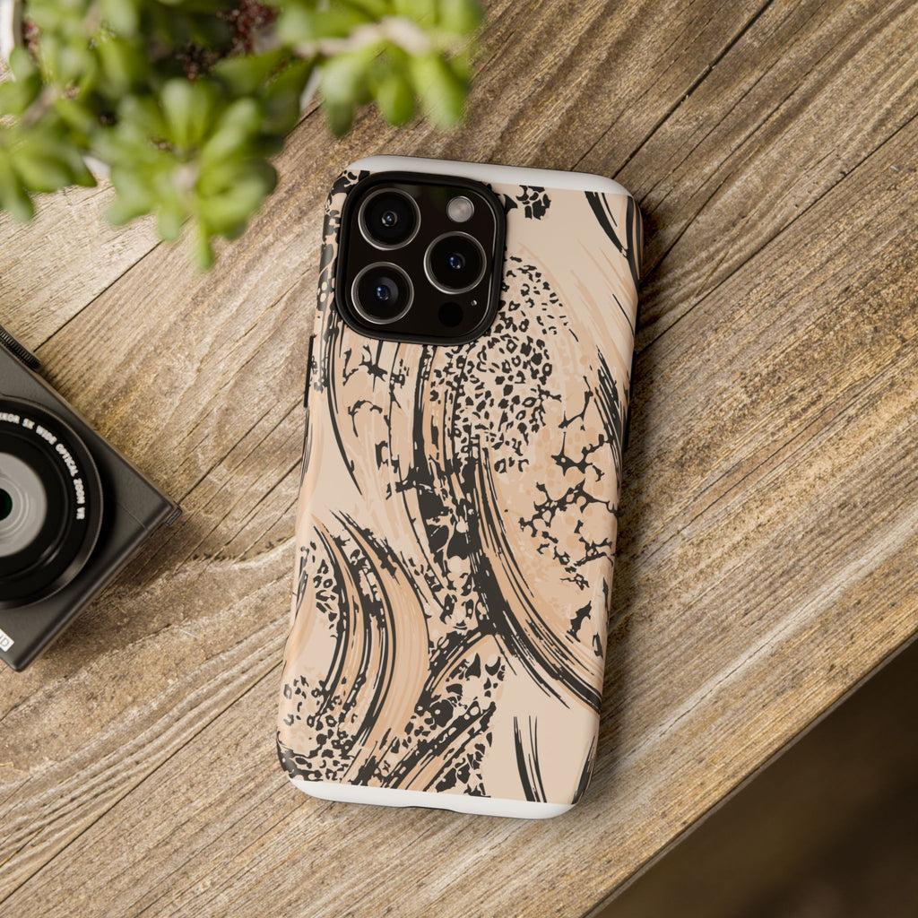 Abstract Brushstroke Phone Case — Neutral Beige & Black Artistic Protective Cover