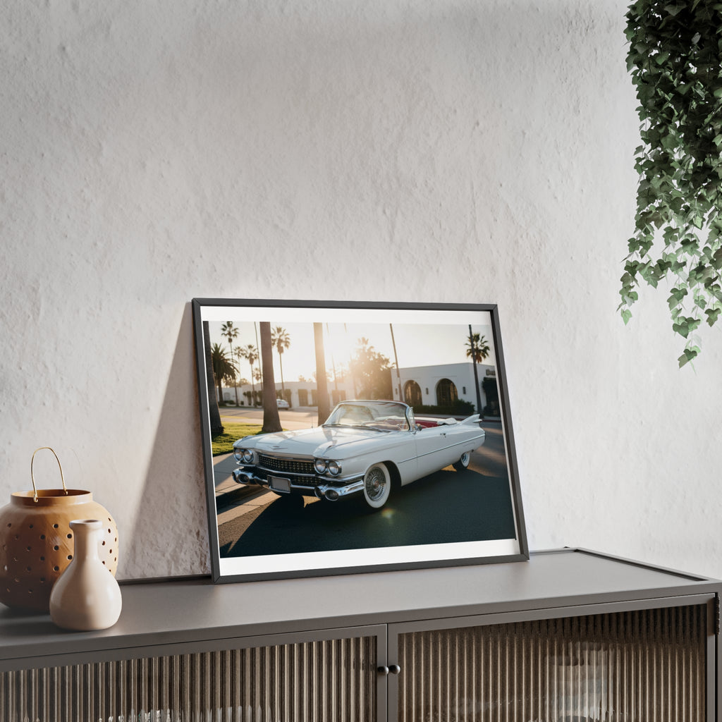 Vintage Cadillac Convertible Poster with Wooden Frame — Retro Palm Trees Sunset Wall Art