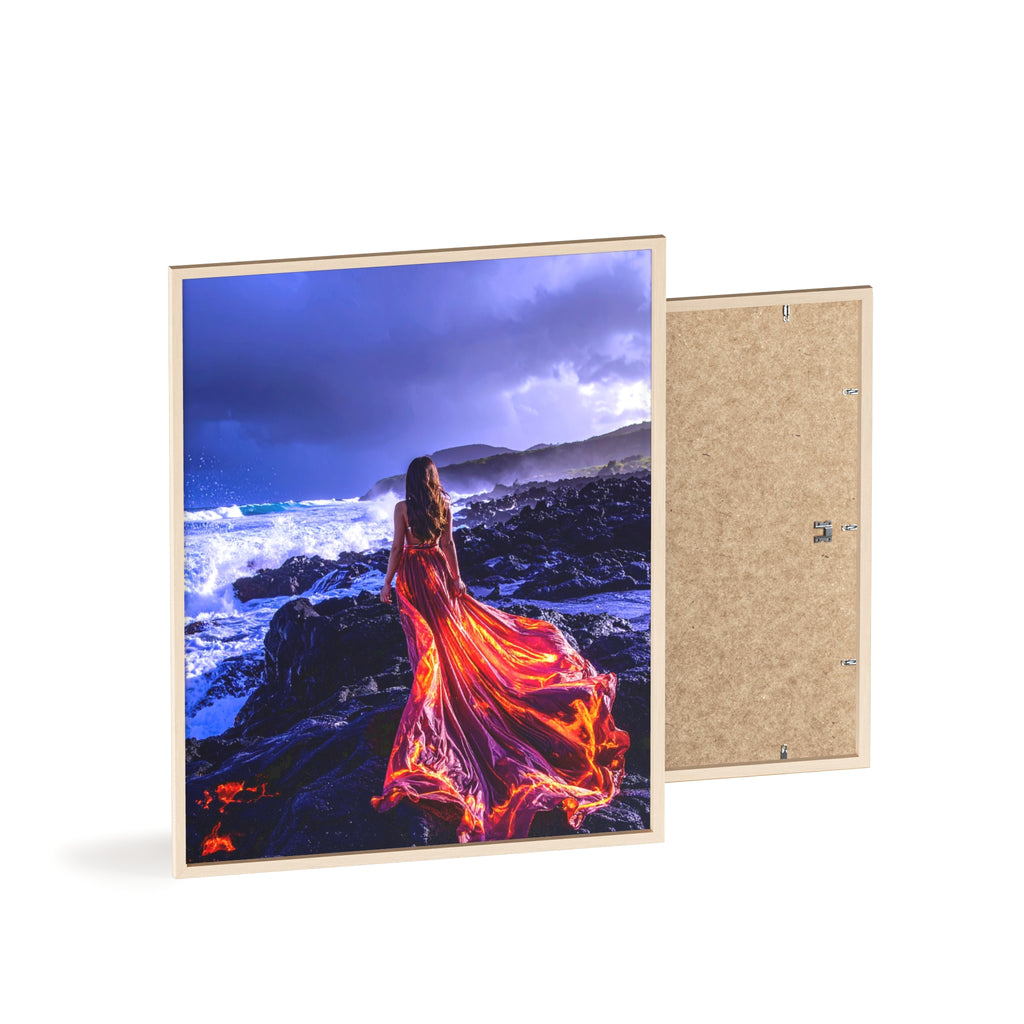 Framed Art Print — Woman in Fiery Red Dress on Rocky Shore (Wooden Frame Poster)