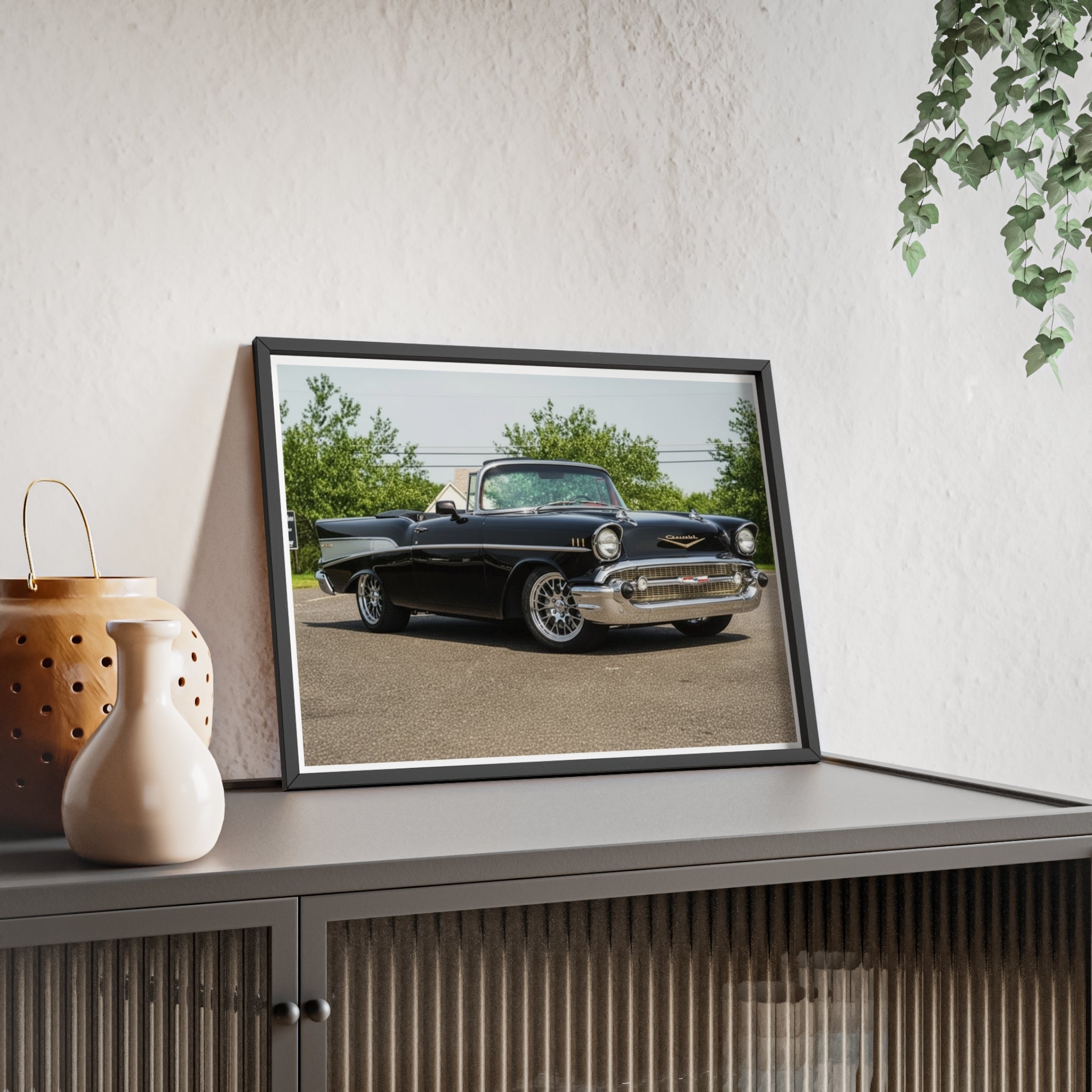 Classic Black 1957 Chevy Poster with Wooden Frame — Vintage Car Wall Art