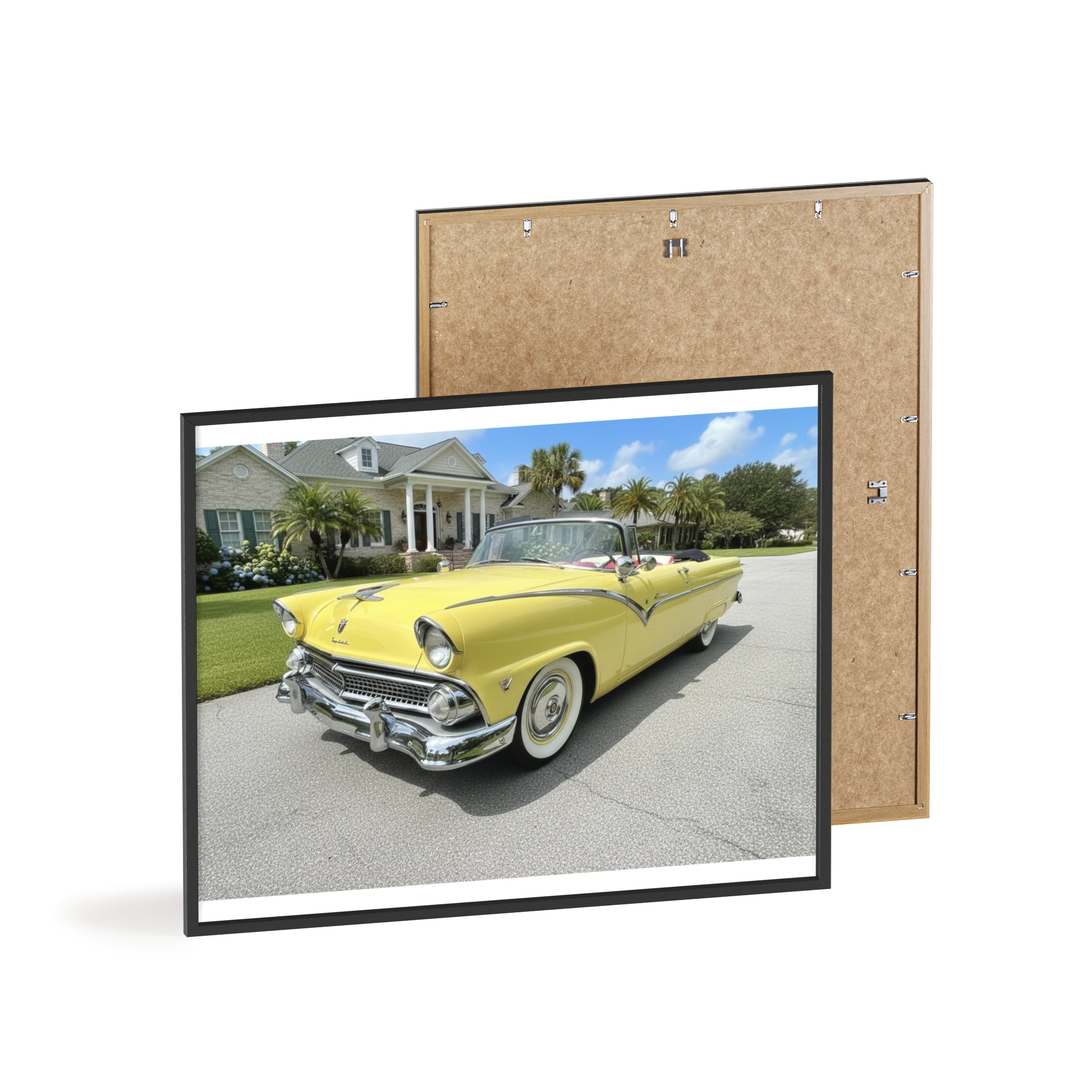 Vintage Yellow Classic Car Poster — Framed Wooden Wall Art