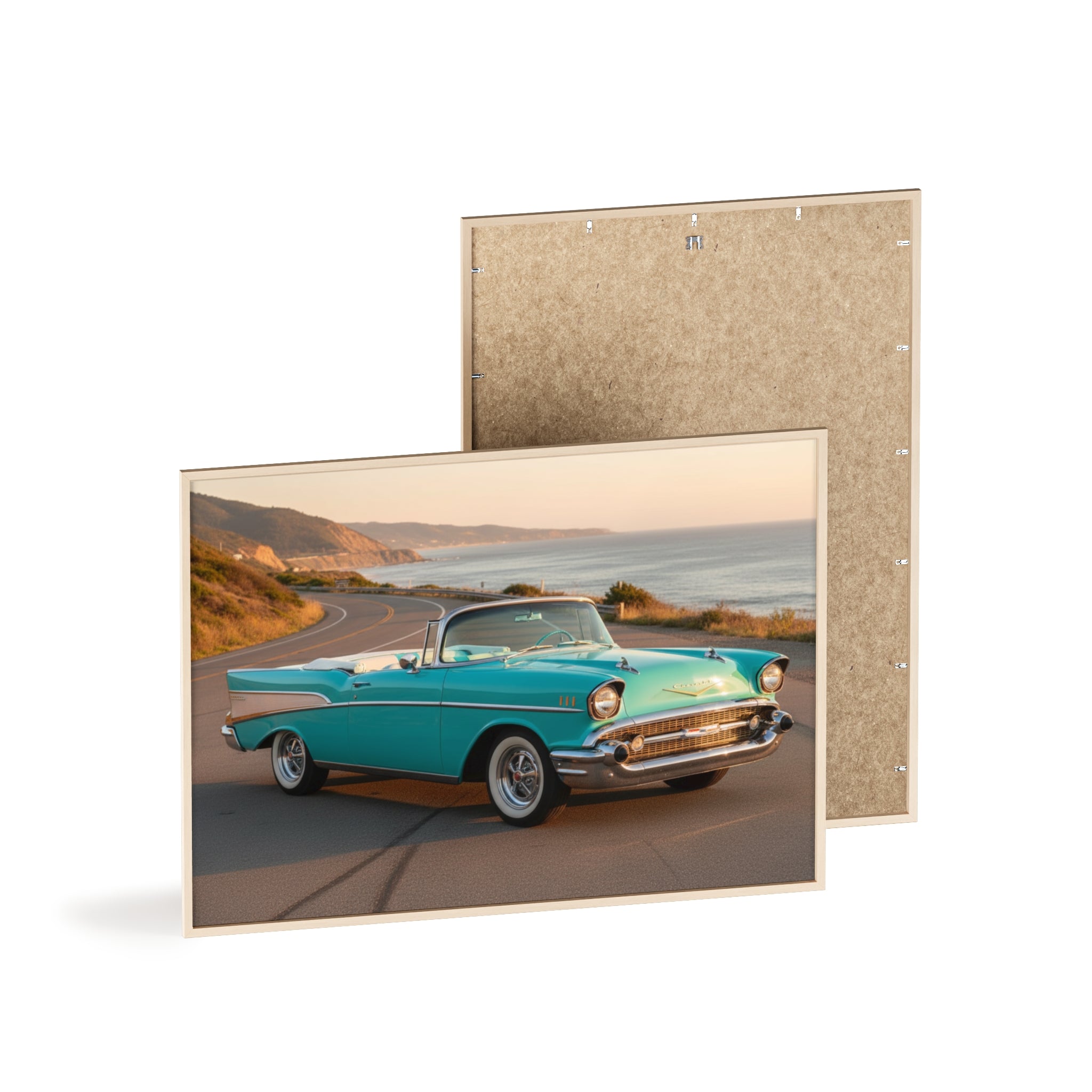 Vintage Teal Classic Car Poster with Wooden Frame — Coastal Road Print