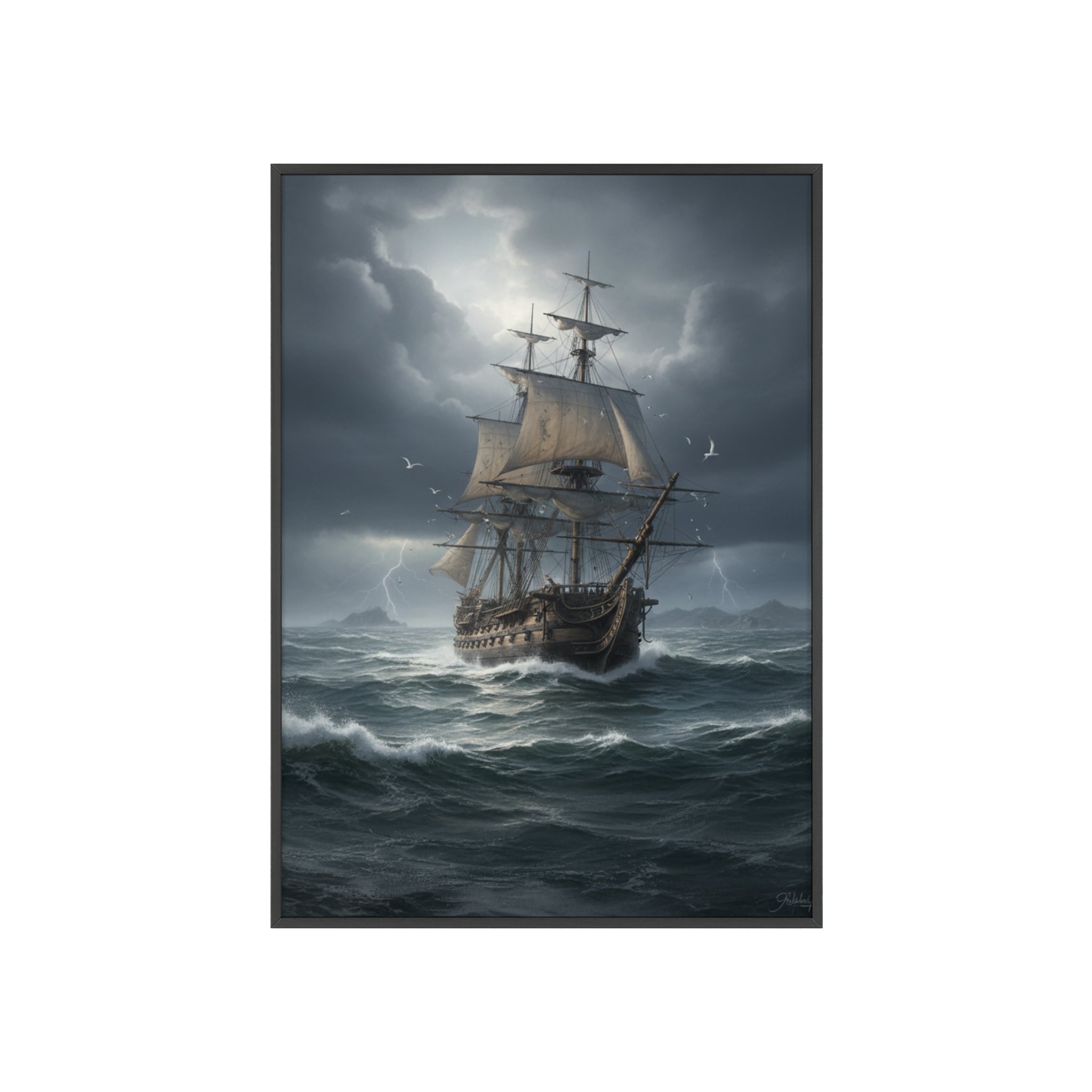 Framed Stormy Sea Ship Poster — Nautical Wall Art with Wooden Frame