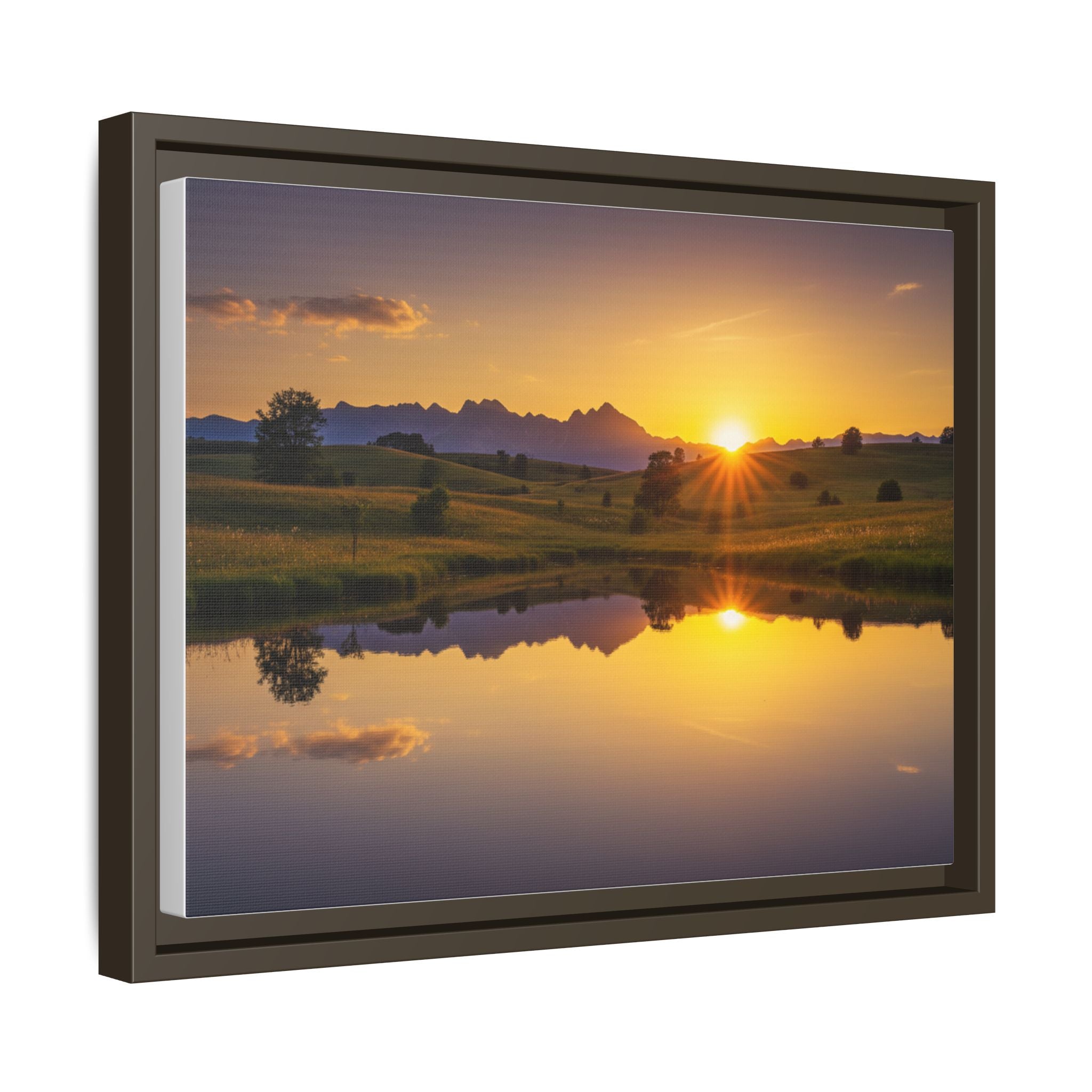 Framed Matte Canvas Sunset Landscape — Serene Lake Reflection Wall Art