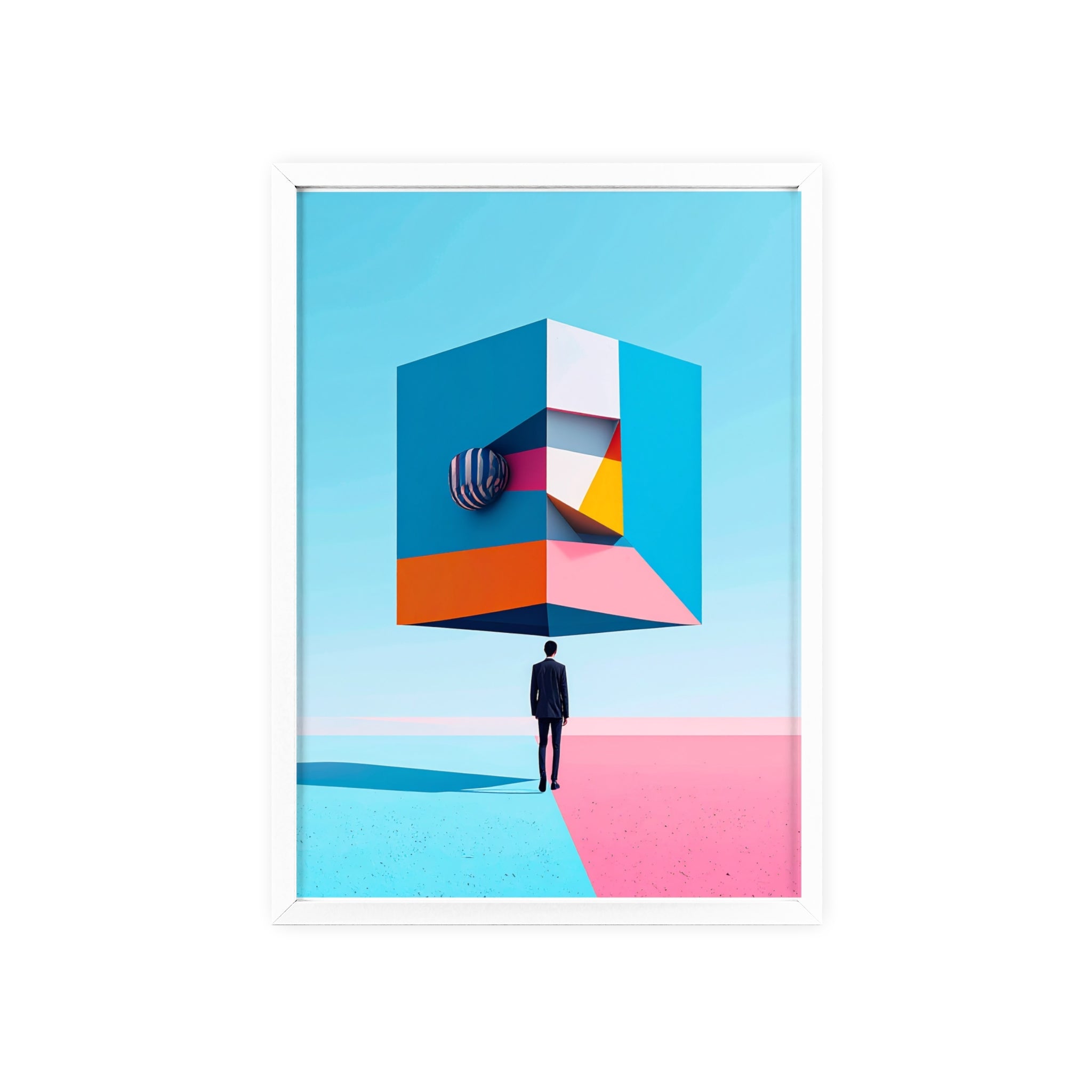 Surreal Geometric Art Poster with Wooden Frame — Modern Minimal Wall Decor