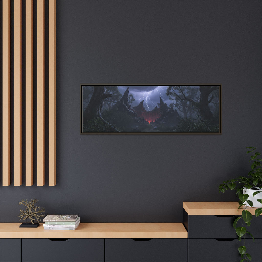 Dark Storm Forest Framed Canvas Print — Lightning, Haunted Castle Art