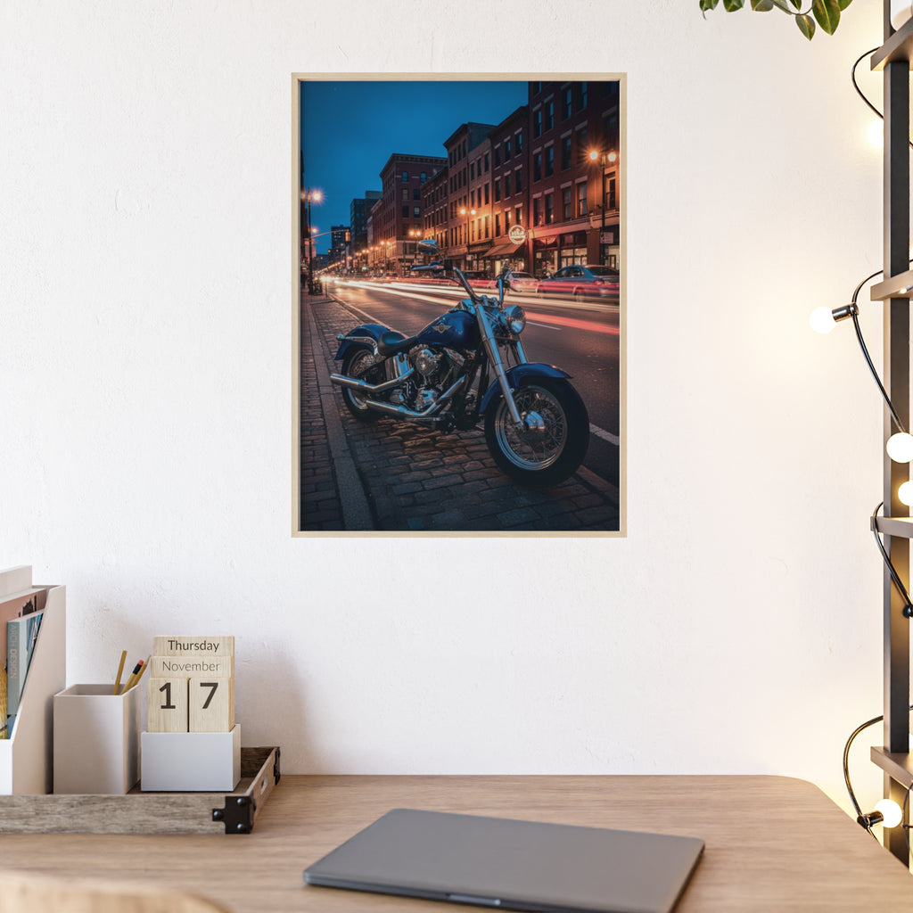 Framed Motorcycle Poster — Night City Street Bike Wall Art