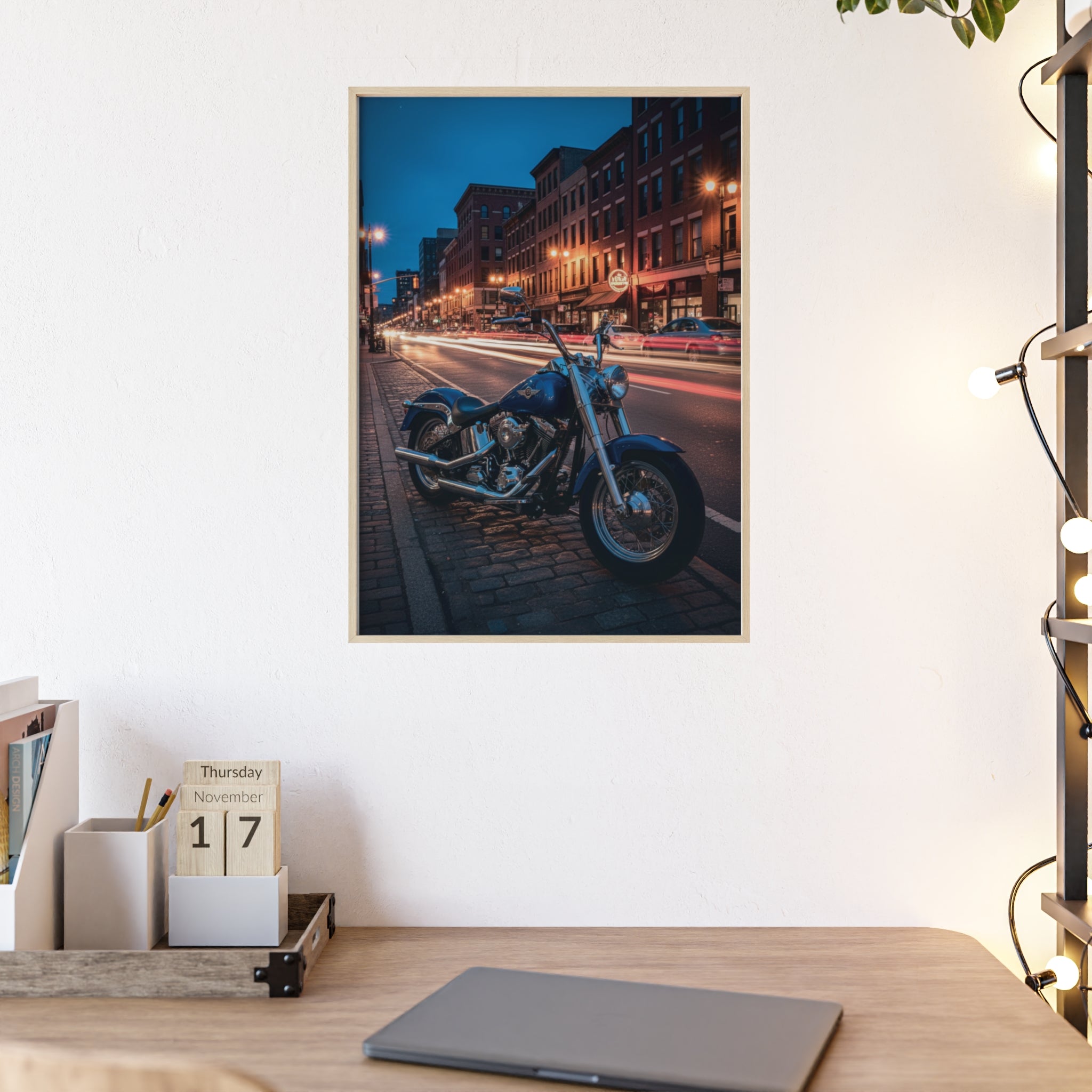 Framed Motorcycle Poster — Night City Street Bike Wall Art