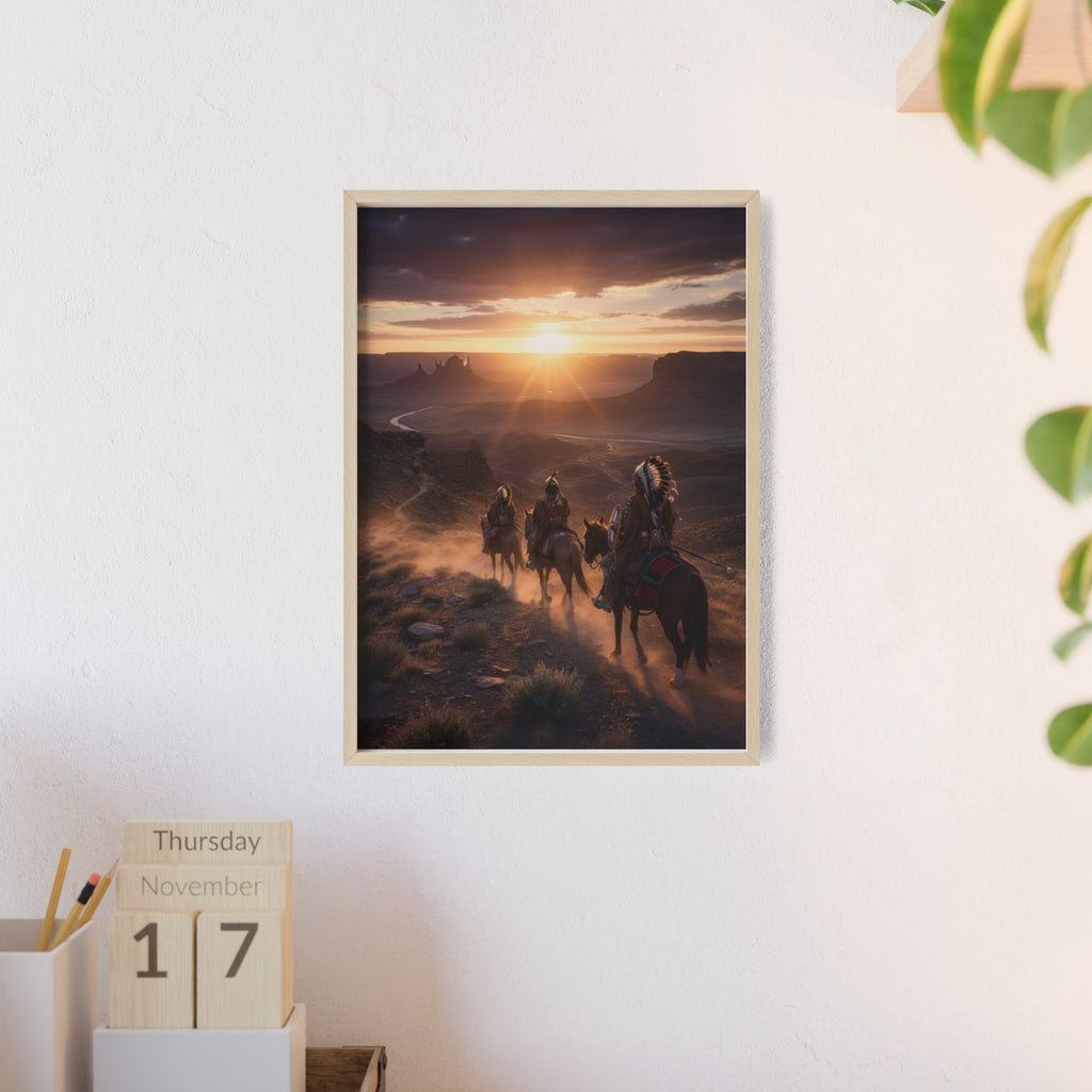 Framed Western Sunset Poster — Native Riders on Horseback Wall Art