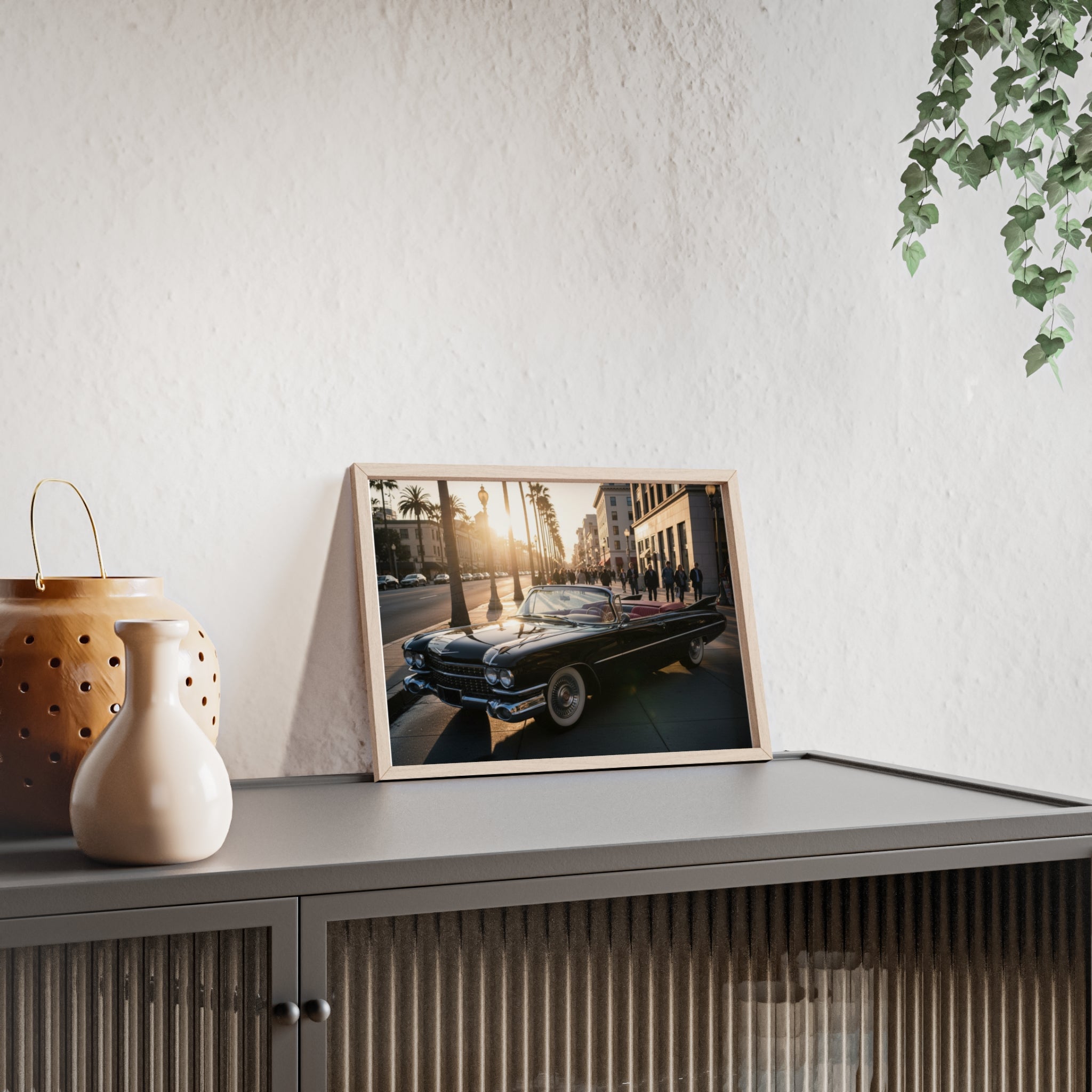 Vintage Convertible Sunset Poster with Wooden Frame