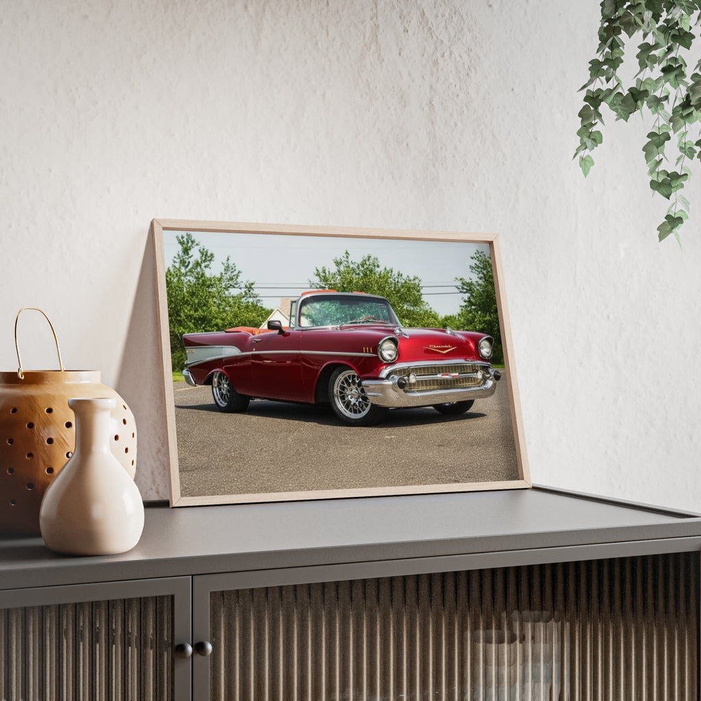 Vintage Red Classic Car Poster with Wooden Frame — Retro Automotive Wall Art