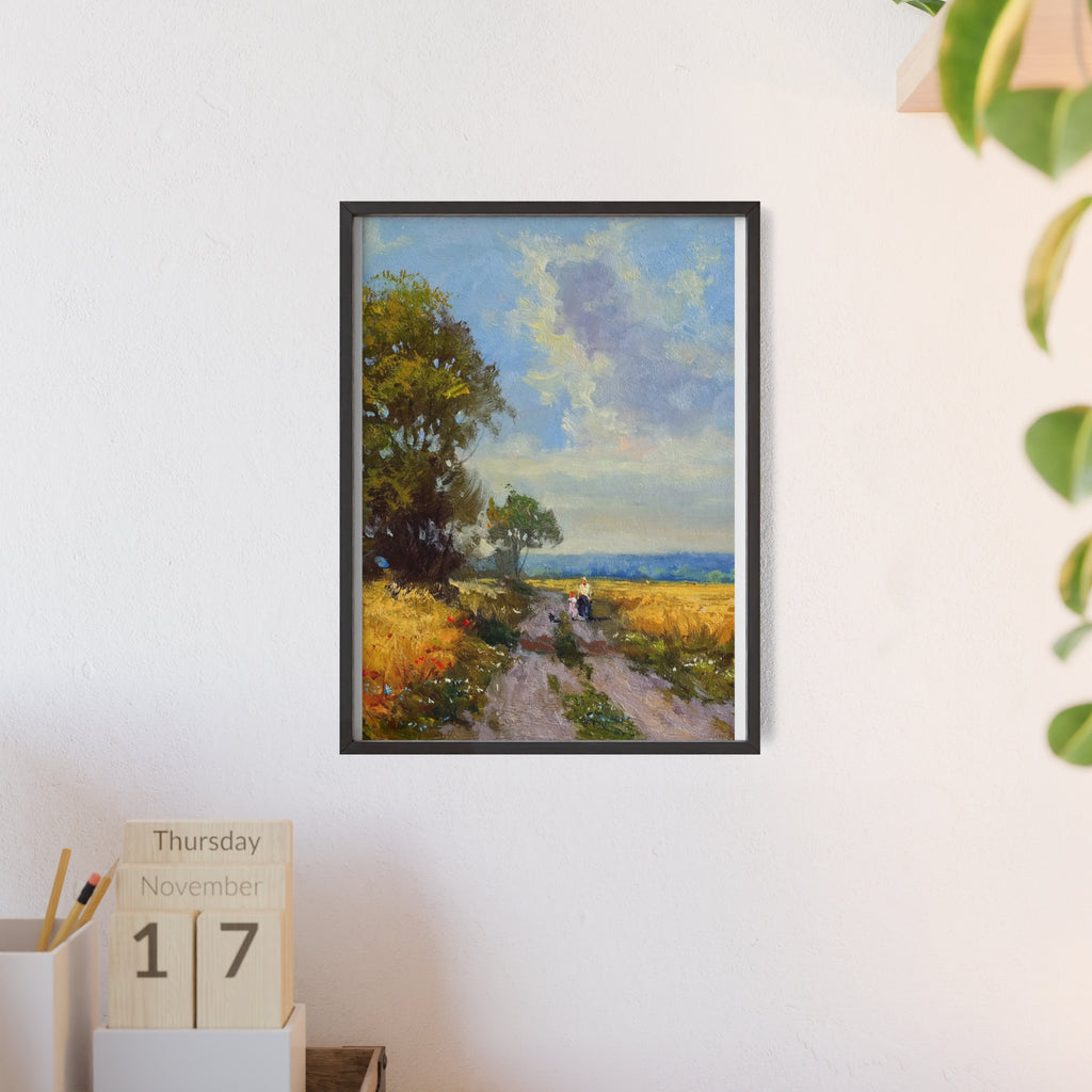 Framed Countryside Landscape Poster — Rustic Wooden Frame Wall Art