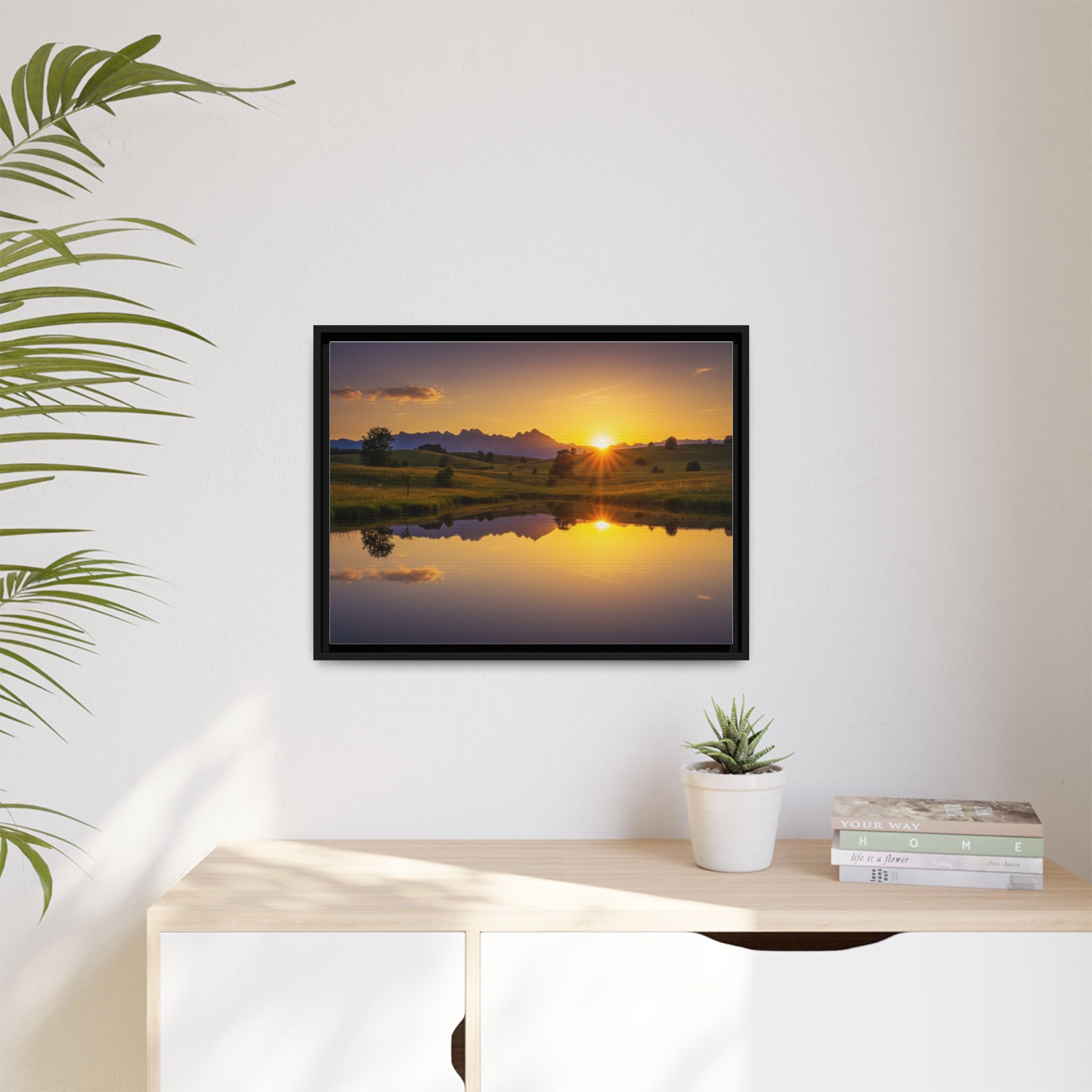 Framed Matte Canvas Sunset Landscape — Serene Lake Reflection Wall Art