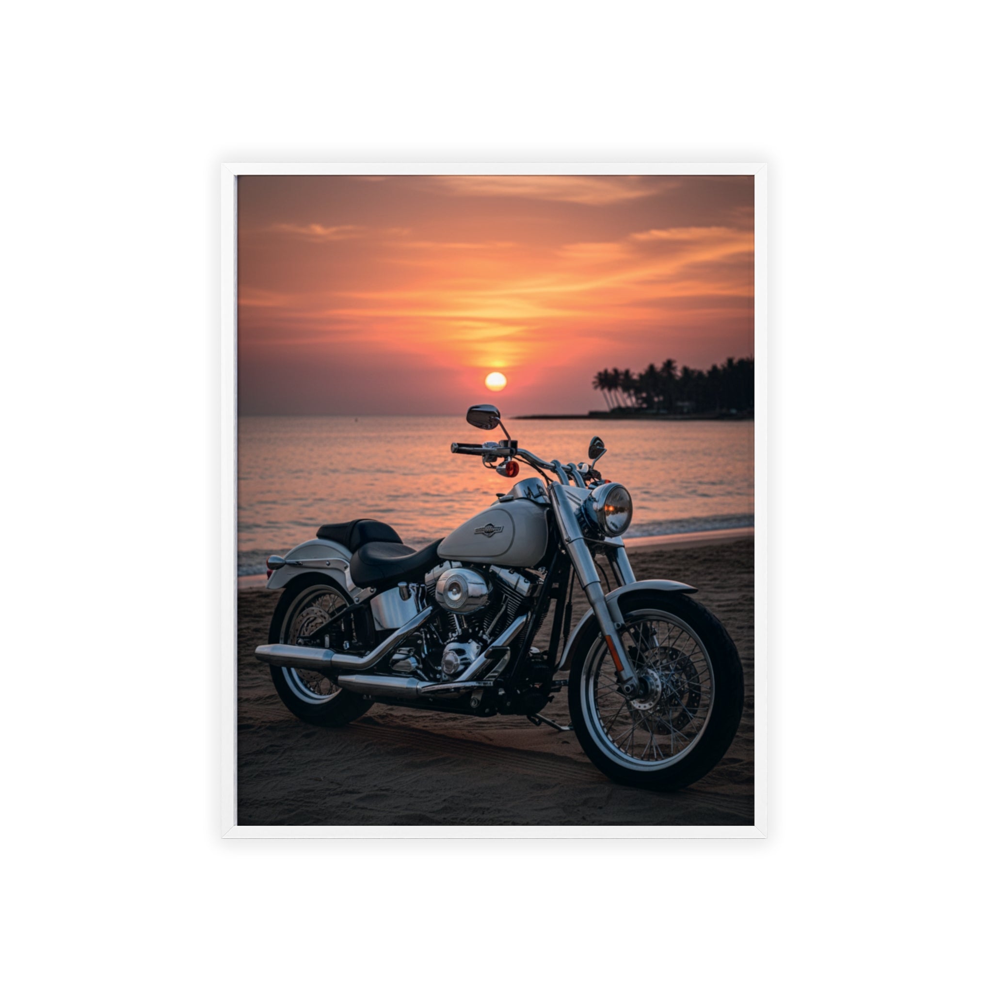 Sunset Beach Motorcycle Poster with Wooden Frame — Vintage Cruiser Wall Art