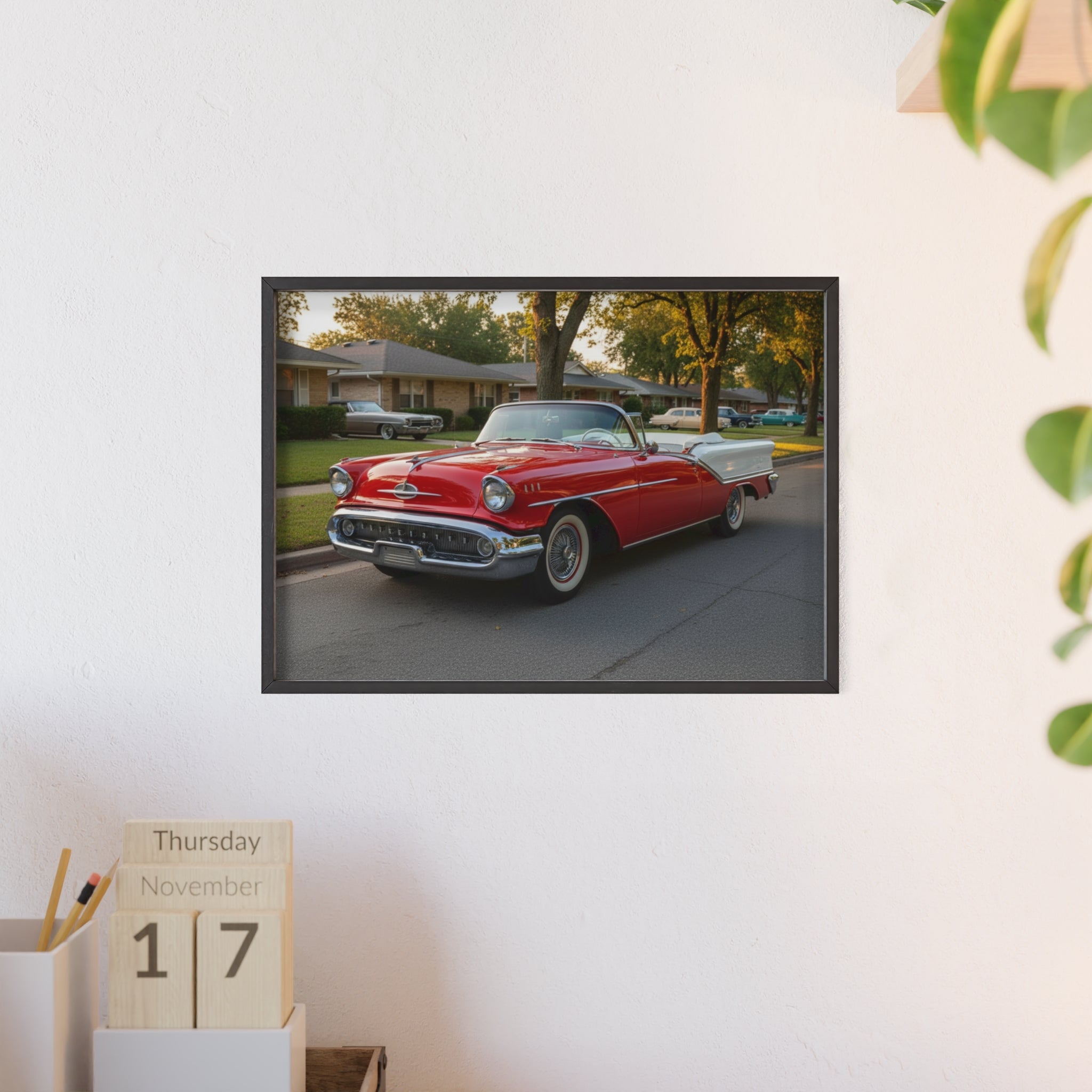 Vintage Red Convertible Poster with Wooden Frame — Classic Car Wall Art