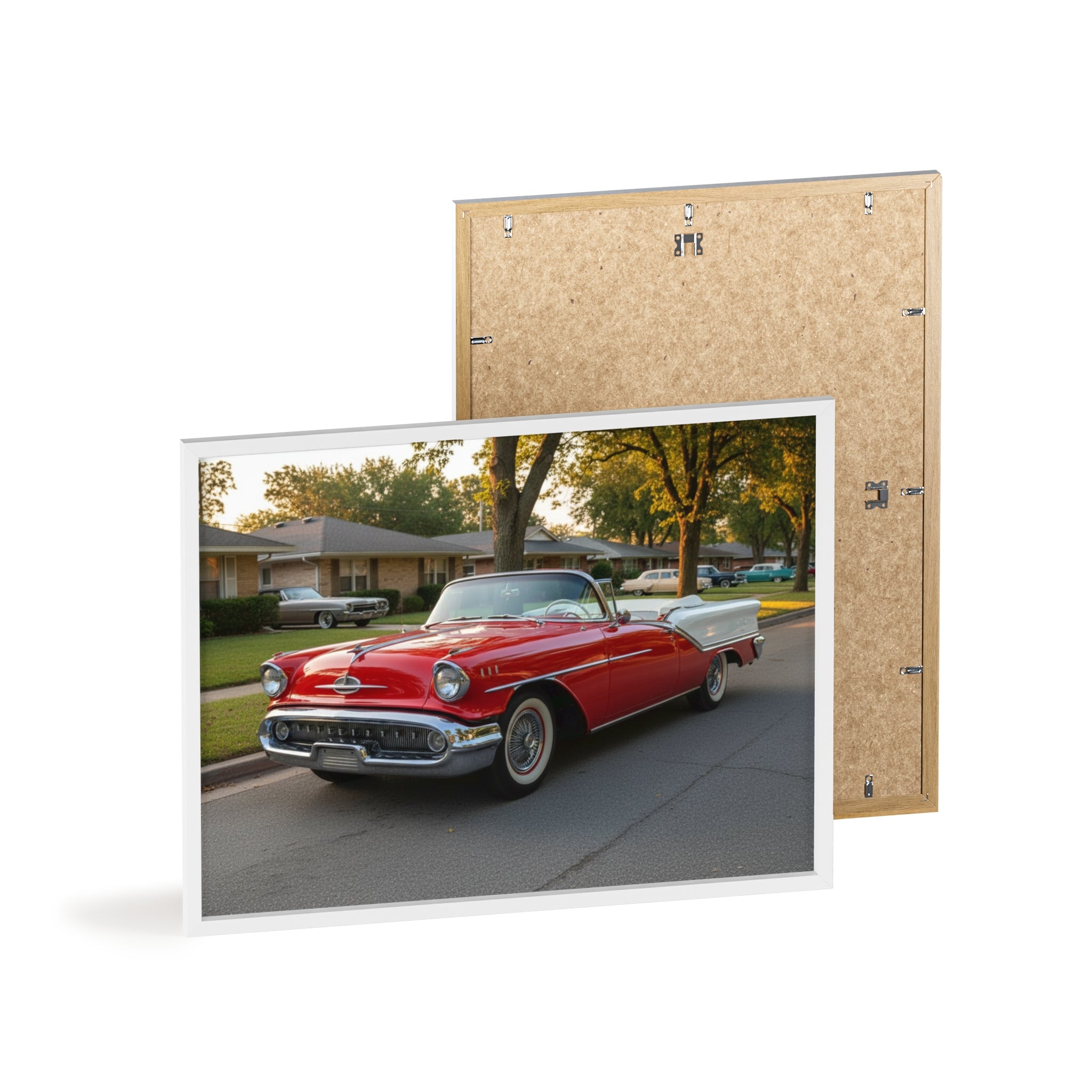 Vintage Red Convertible Poster with Wooden Frame — Classic Car Wall Art