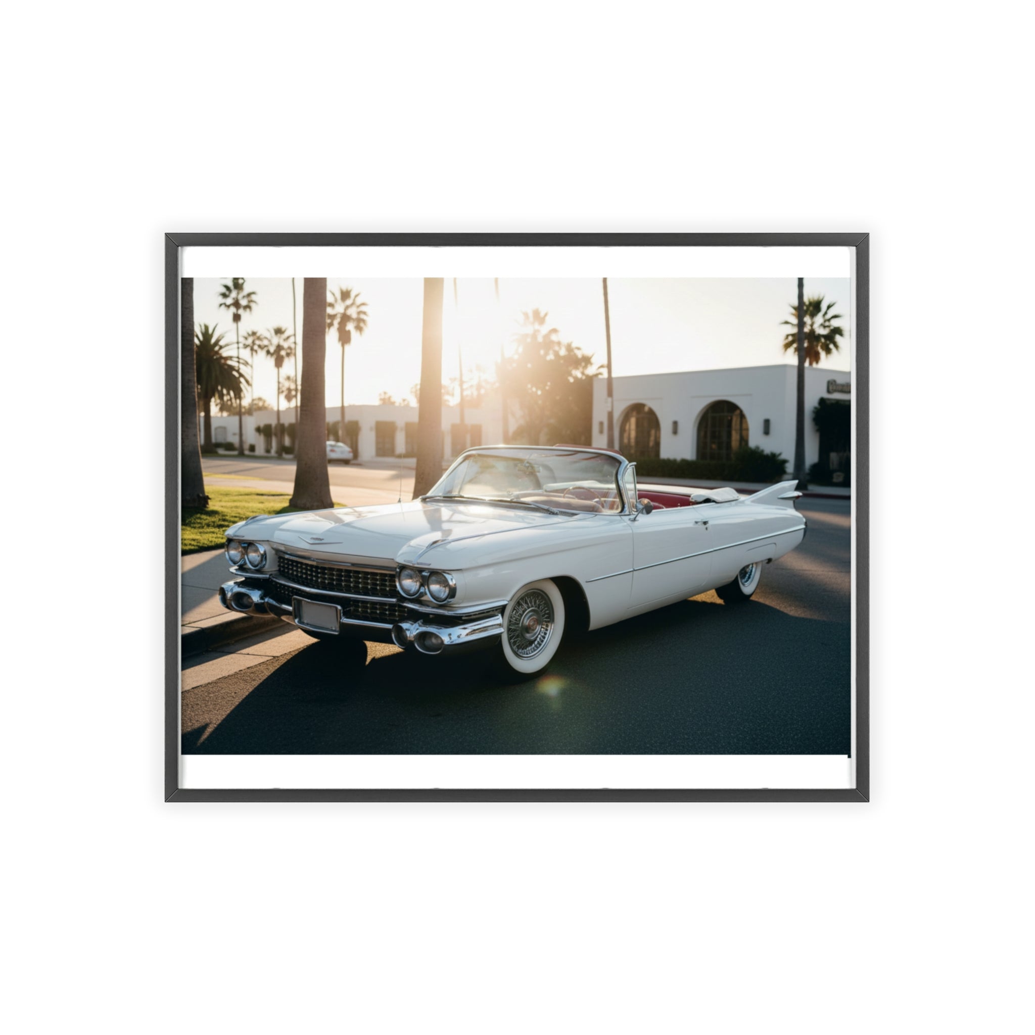 Vintage Cadillac Convertible Poster with Wooden Frame — Retro Palm Trees Sunset Wall Art