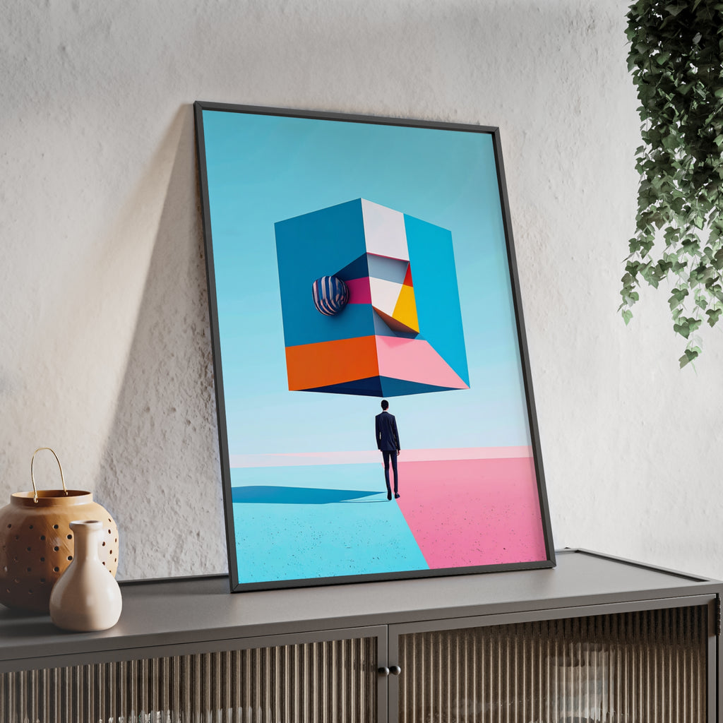 Surreal Geometric Art Poster with Wooden Frame — Modern Minimal Wall Decor