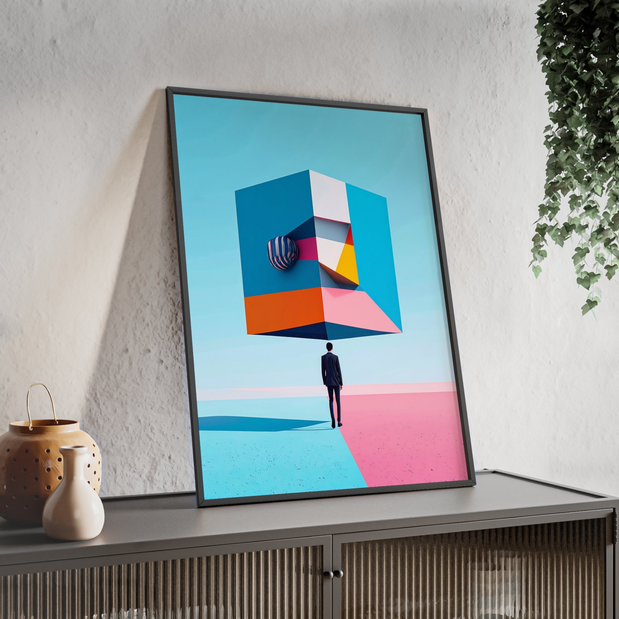 Surreal Geometric Art Poster with Wooden Frame — Modern Minimal Wall Decor