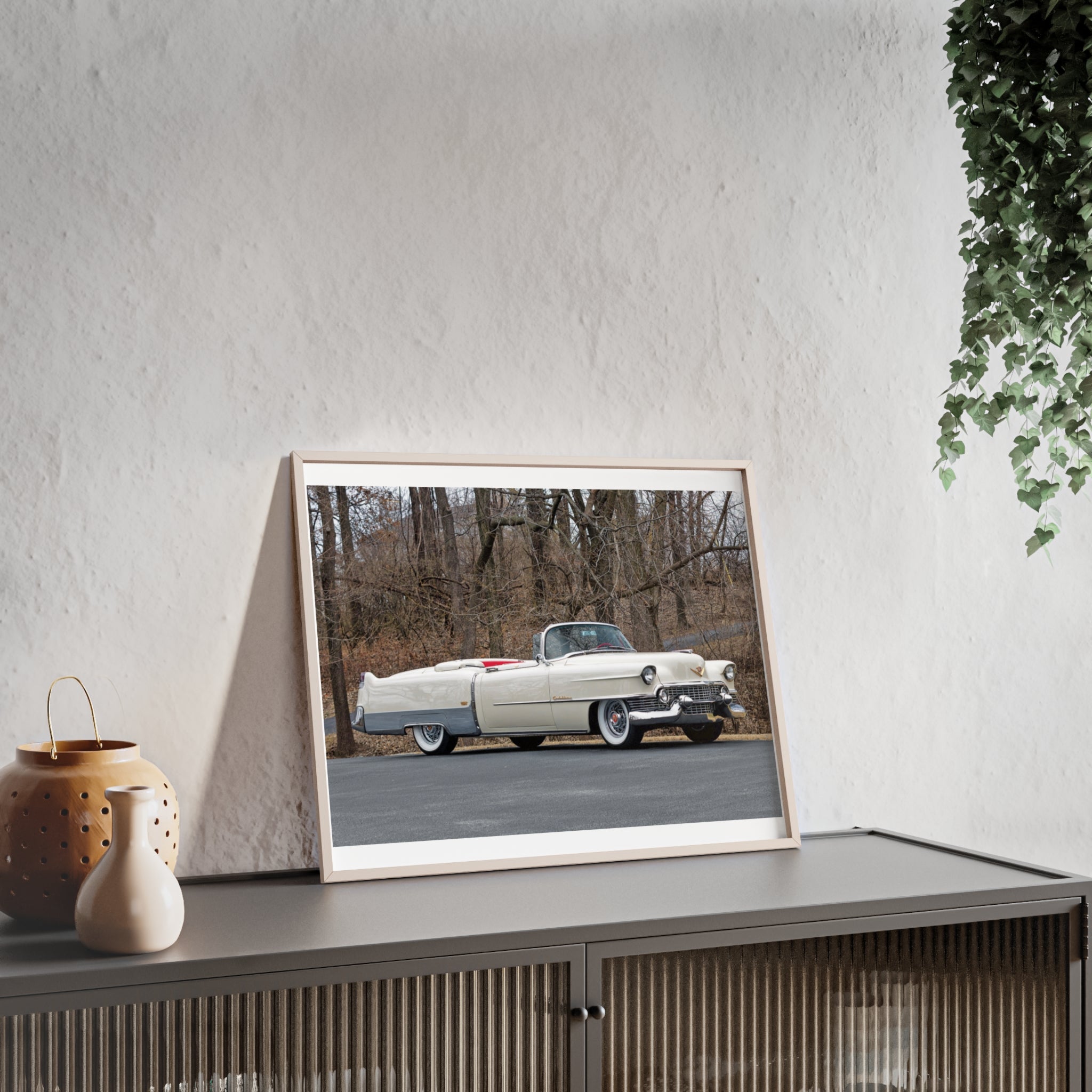 Vintage 1950s White Cadillac Poster with Wooden Frame - Classic Car Wall Art