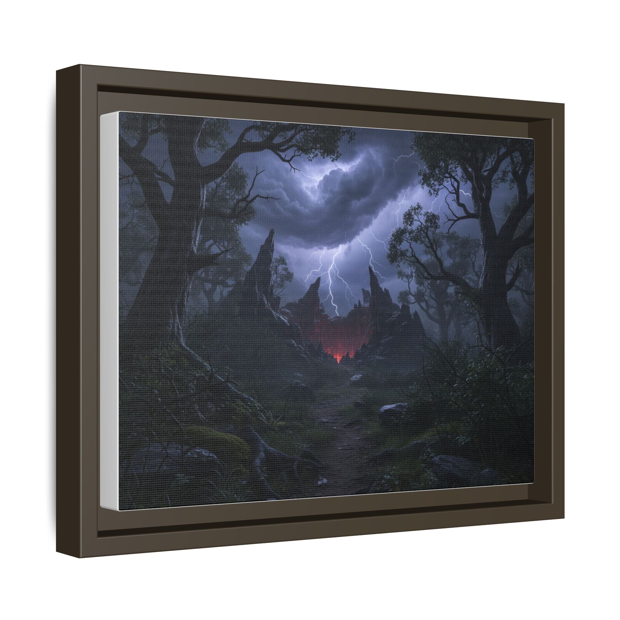 Dark Storm Forest Framed Canvas Print — Lightning, Haunted Castle Art