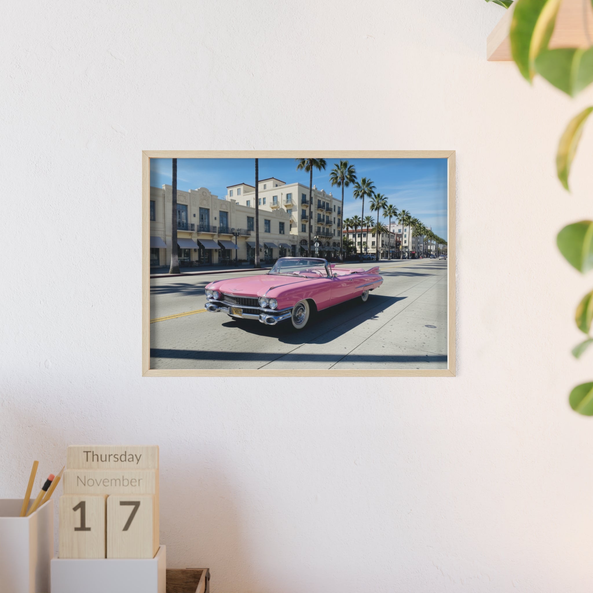 Retro Pink Cadillac Poster with Wooden Frame — Vintage Palm-Drive Wall Art