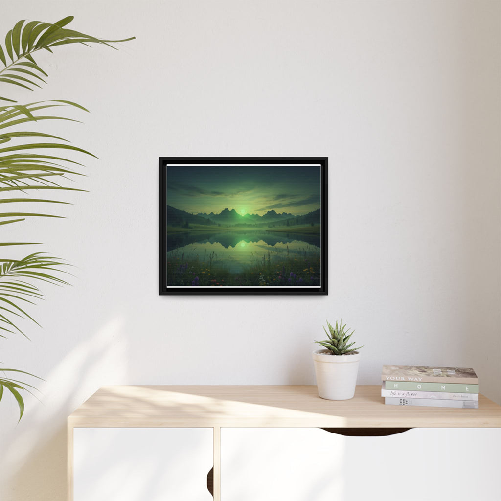 Framed Matte Canvas Print — Serene Green Mountain Lake Landscape