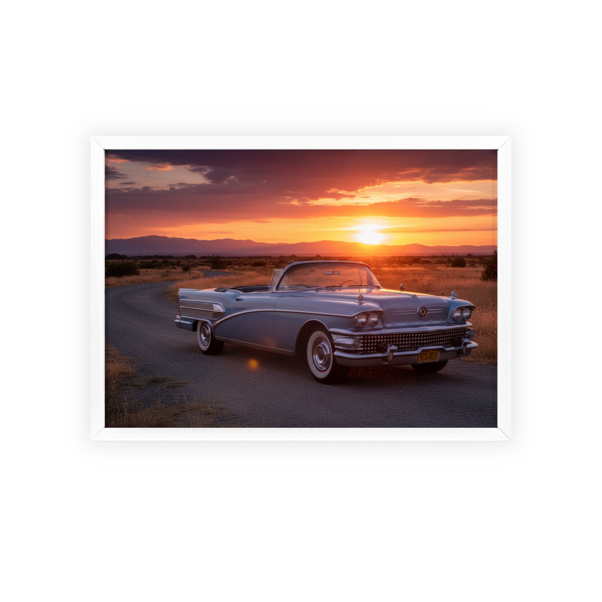 Vintage Convertible Sunset Poster with Wooden Frame