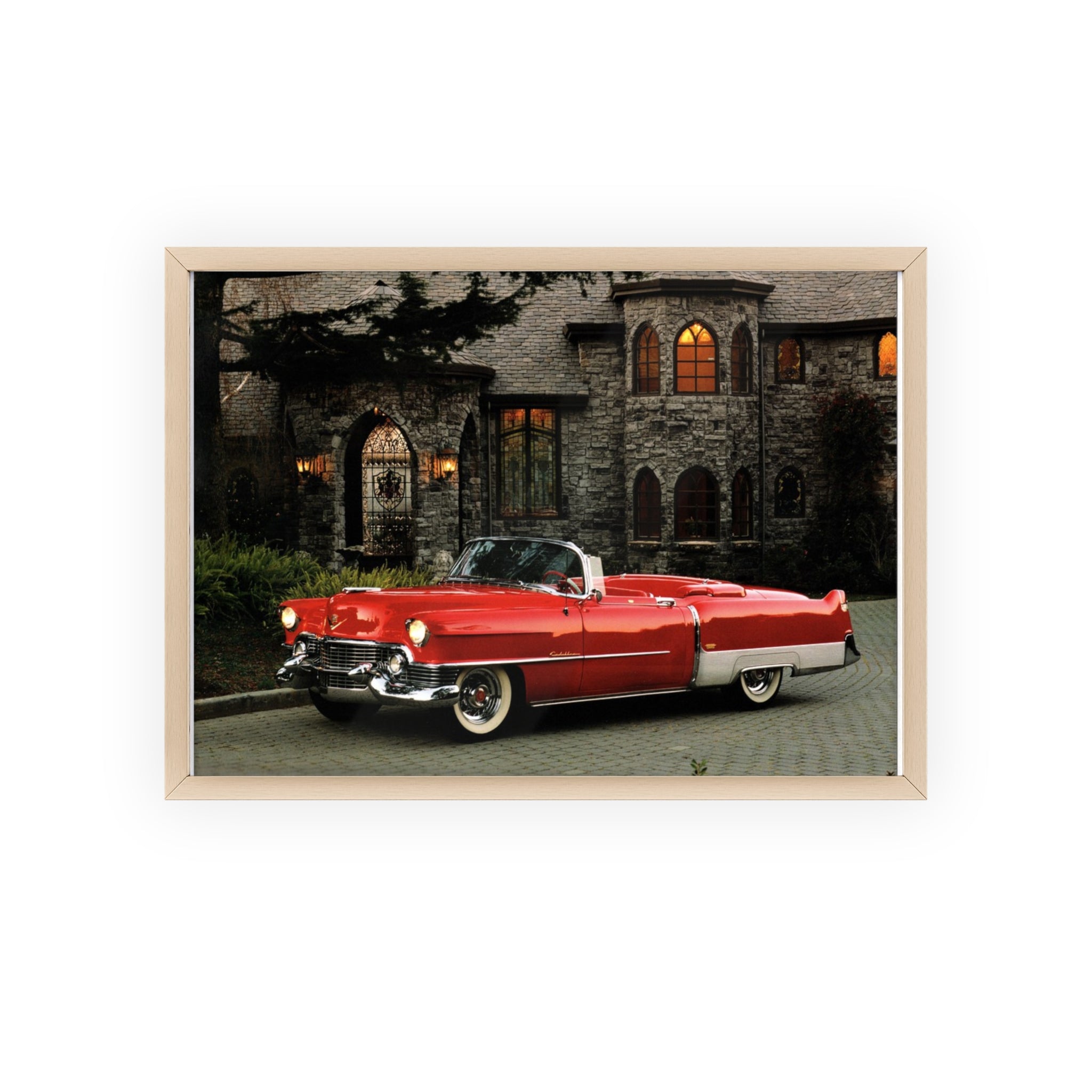 Vintage Red Convertible Poster with Wooden Frame — Classic Car Wall Art