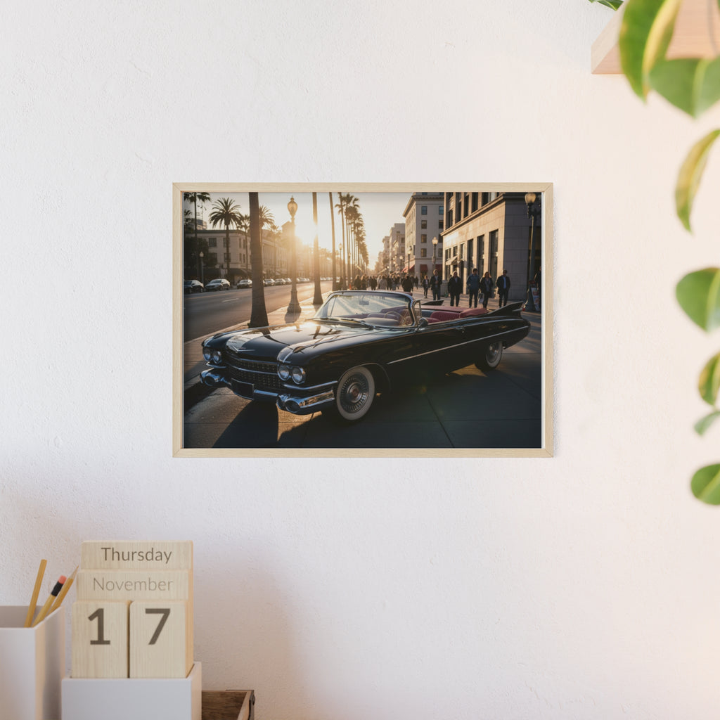 Vintage Convertible Sunset Poster with Wooden Frame