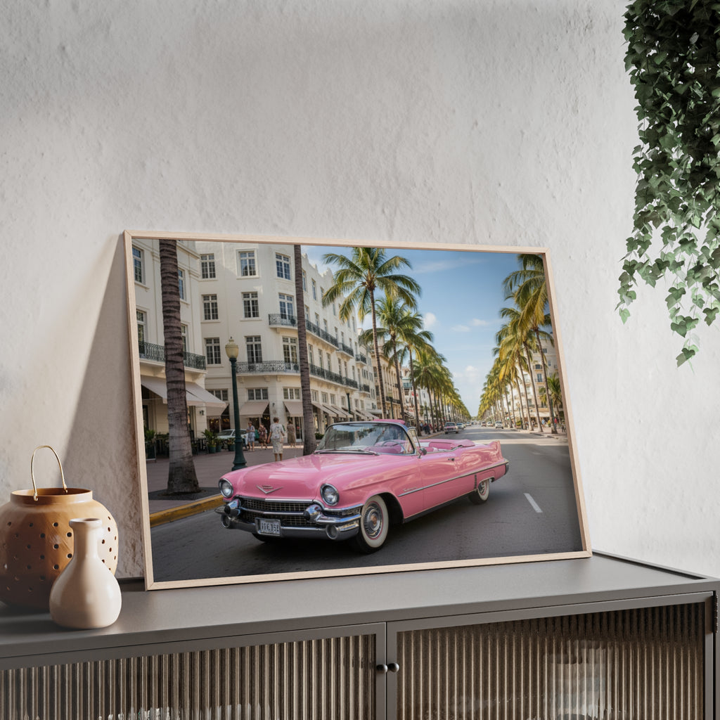 Vintage Pink Cadillac Wall Poster with Wooden Frame — Retro Miami Palm Street Photography